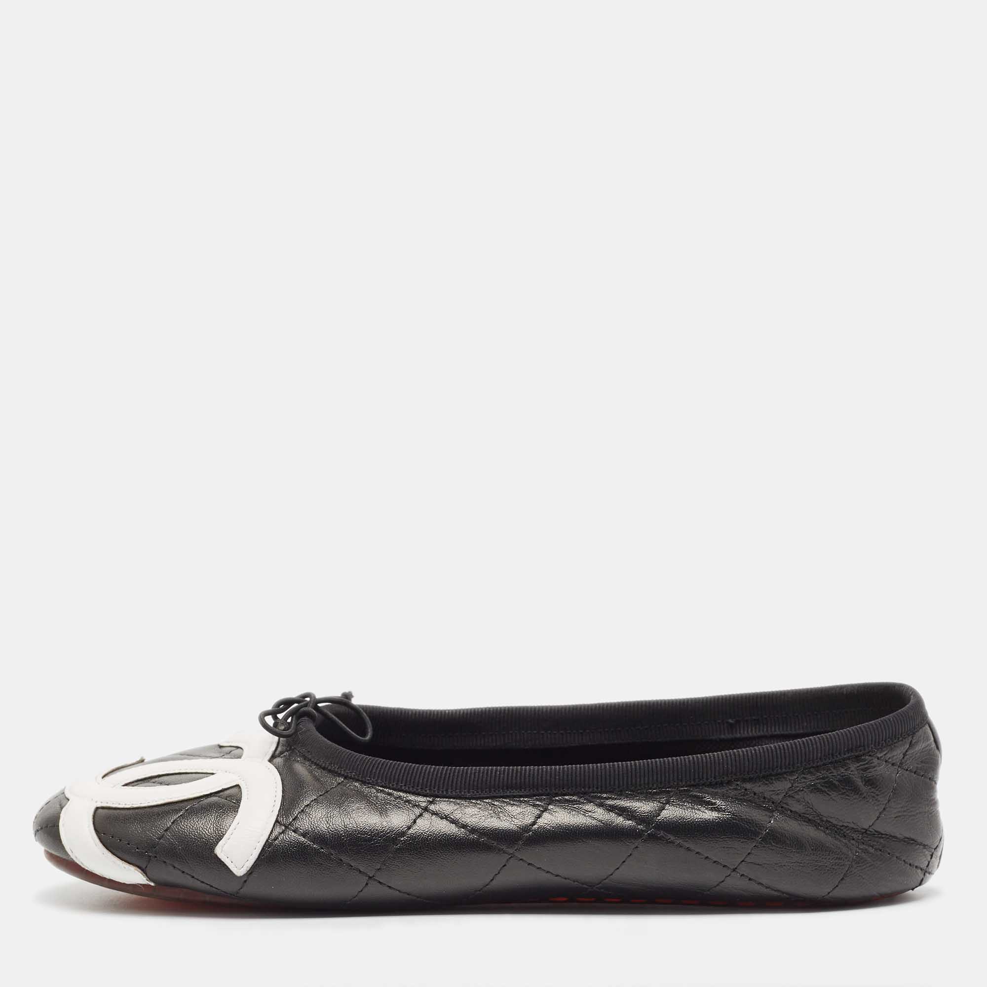 Pre Owned Chanel Black Quilted Leather Cambon Bow Ballet Flats Size 39