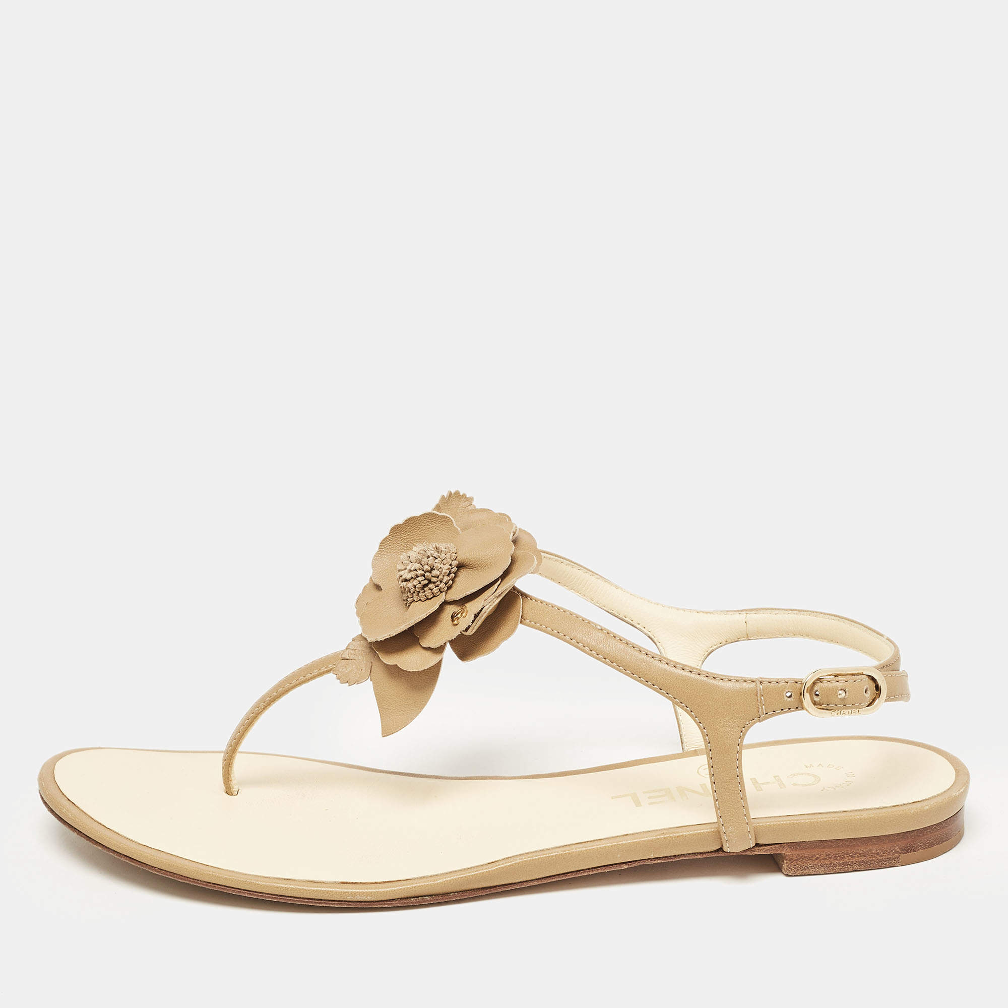 Chanel Brown Leather Camelia Thong Slingback Sandals Size 38