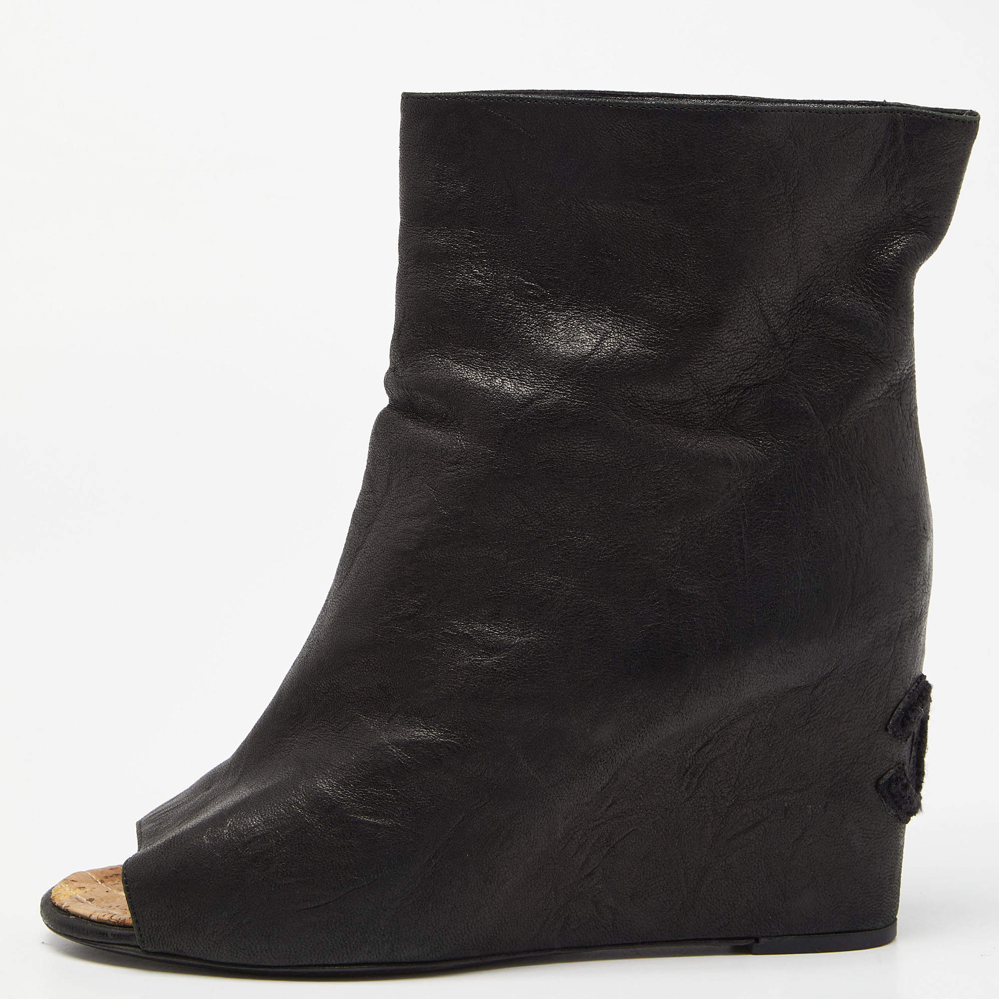 Chanel Black Leather Peep Toe Wedge Ankle Boots Size 41