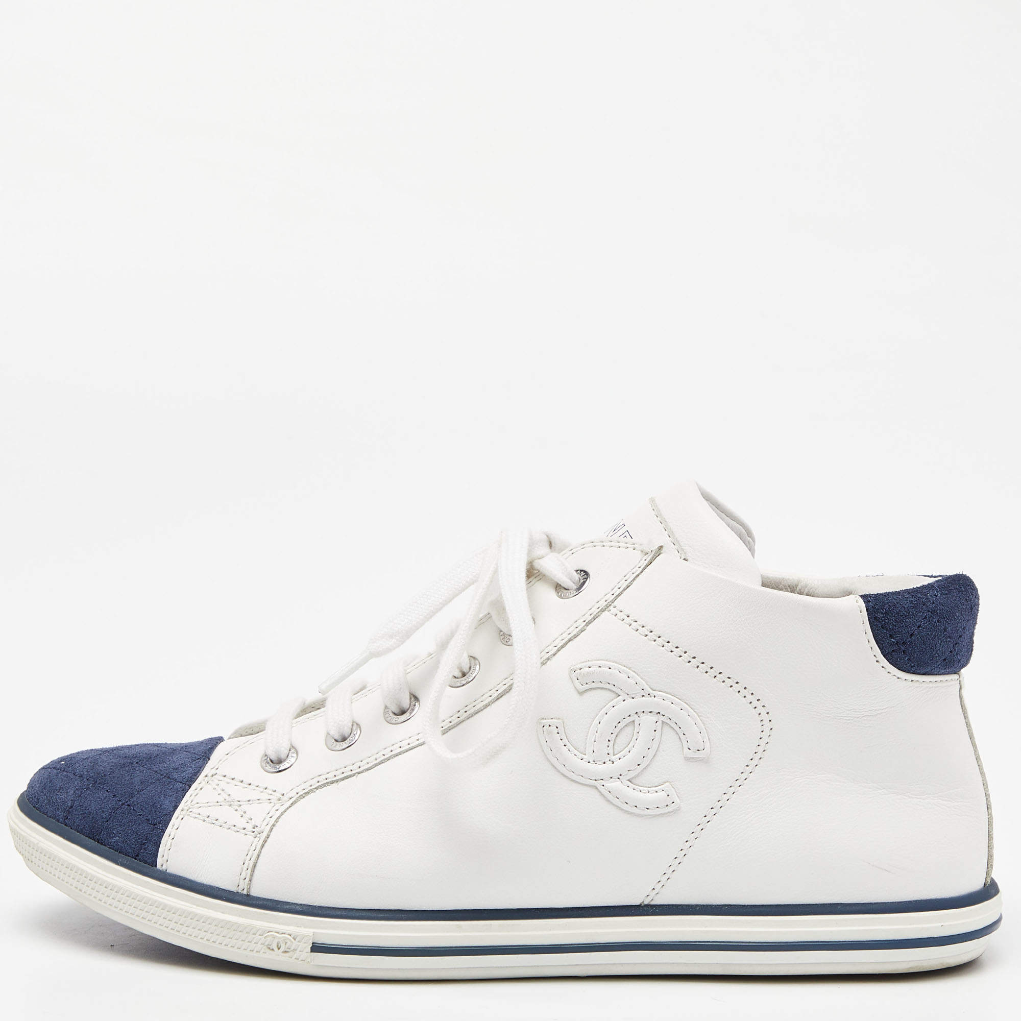 Chanel White/Blue Leather and Suede Lace Up High Top Sneakers Size 36