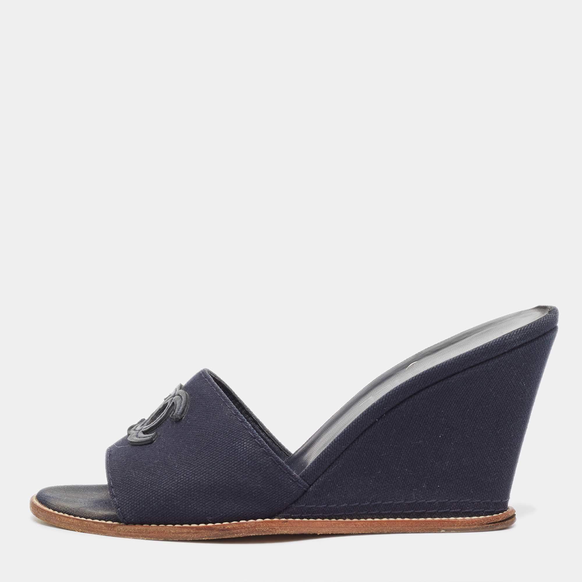 Chanel Navy Blue Canvas CC Wedge Slide Size 37.5