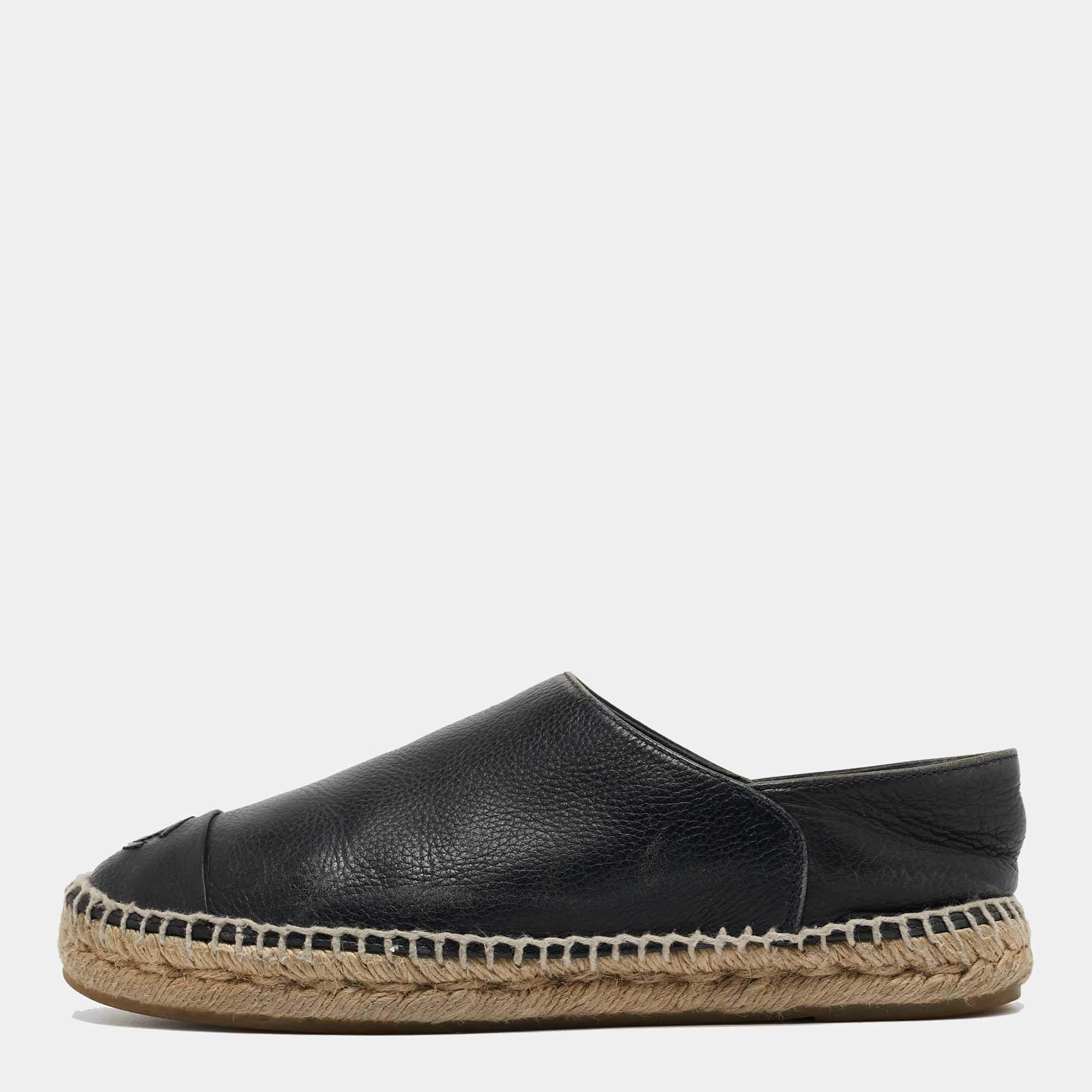 Pre Owned Chanel Navy Blue Leather Espadrille Flats Size 39