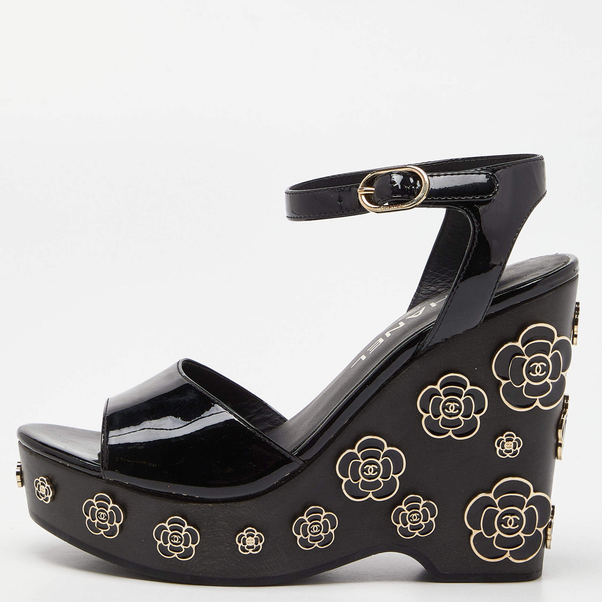 Chanel Black Patent Leather Camellia Embellished Open Toe Wedge Sandals Size 36