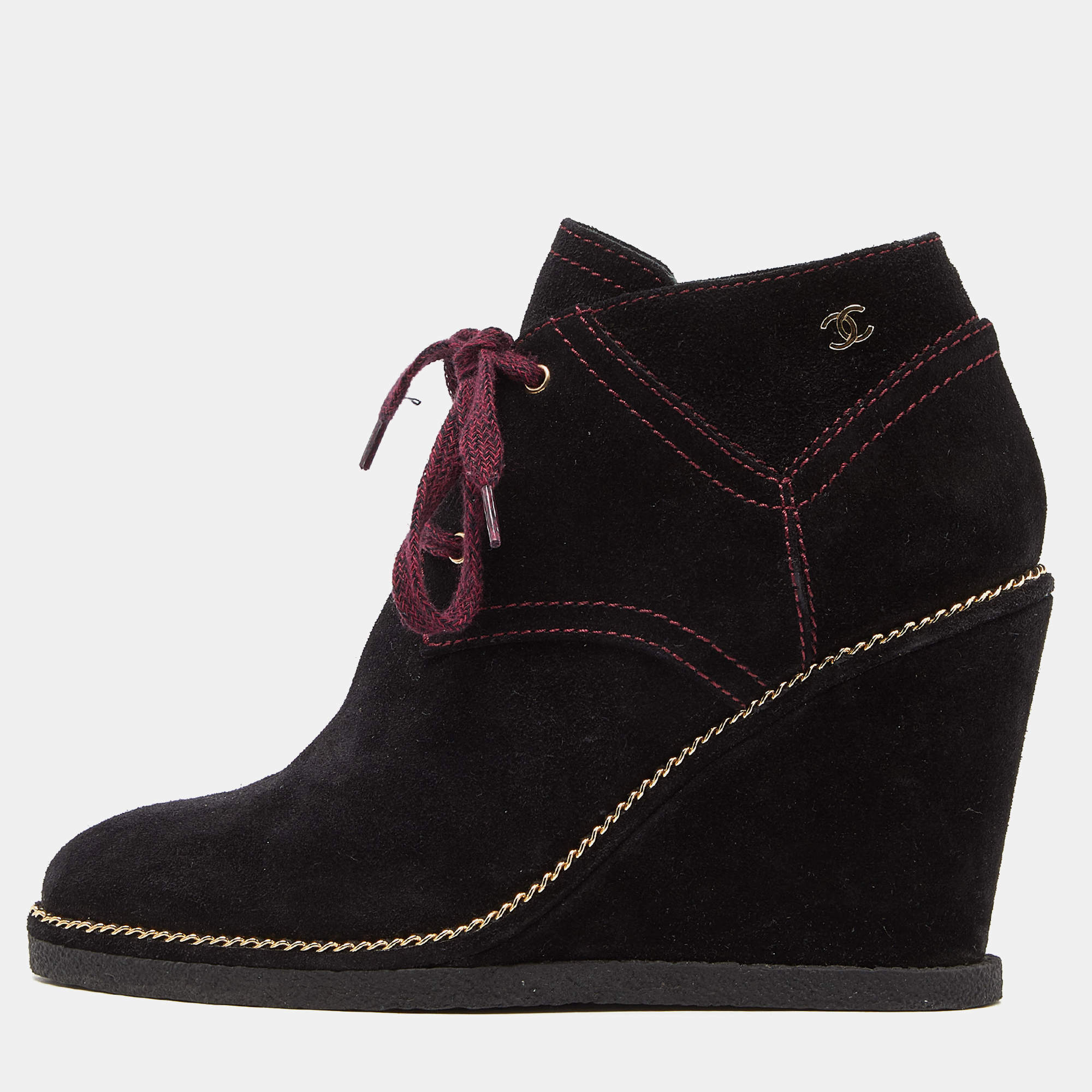 Chanel Black Suede Chain Link CC Wedge Boots Size 39