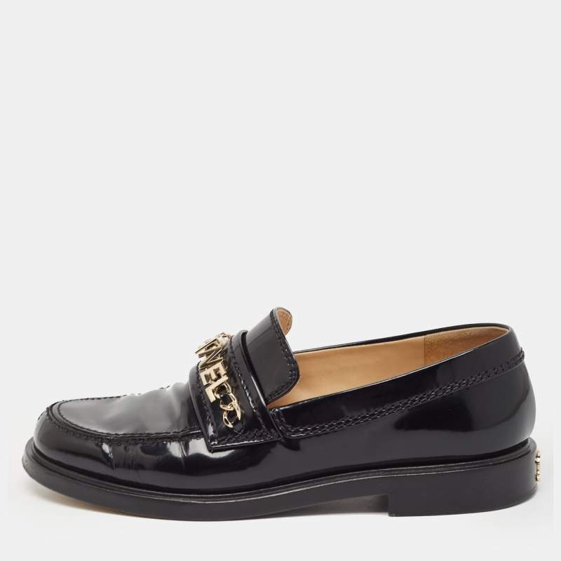 Pre Owned Chanel Black Leather Logo Slip On Loafers Size 36