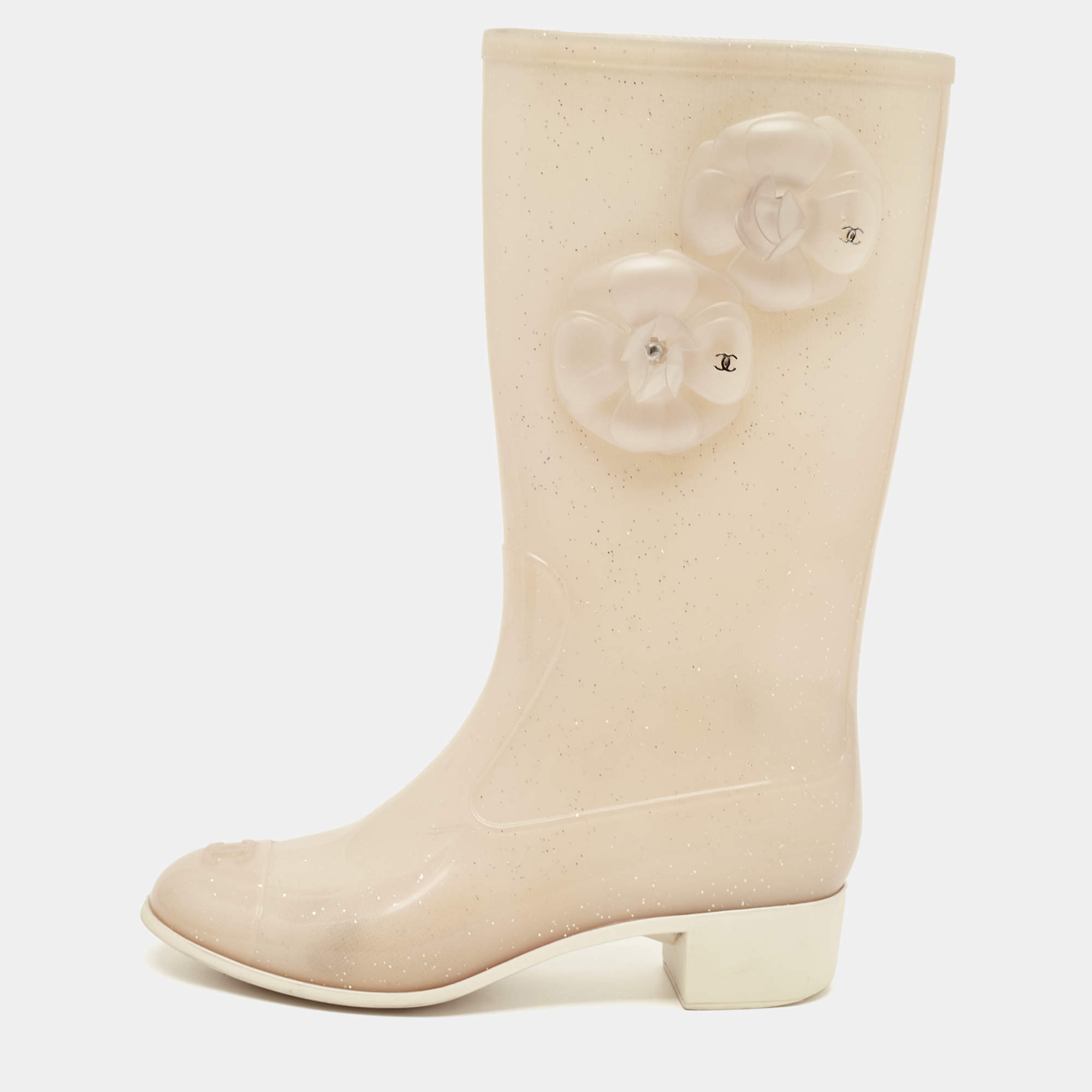 Chanel Beige Glitter Rubber CC Camellia Rain Boots Size 37