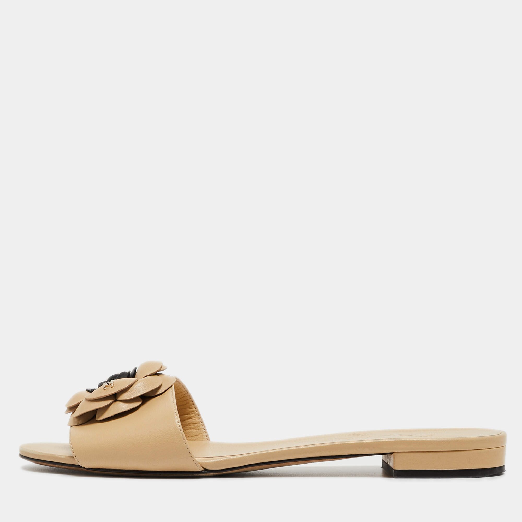 Chanel Beige Leather Camellia Open Toe Flat Slides Size 36.5