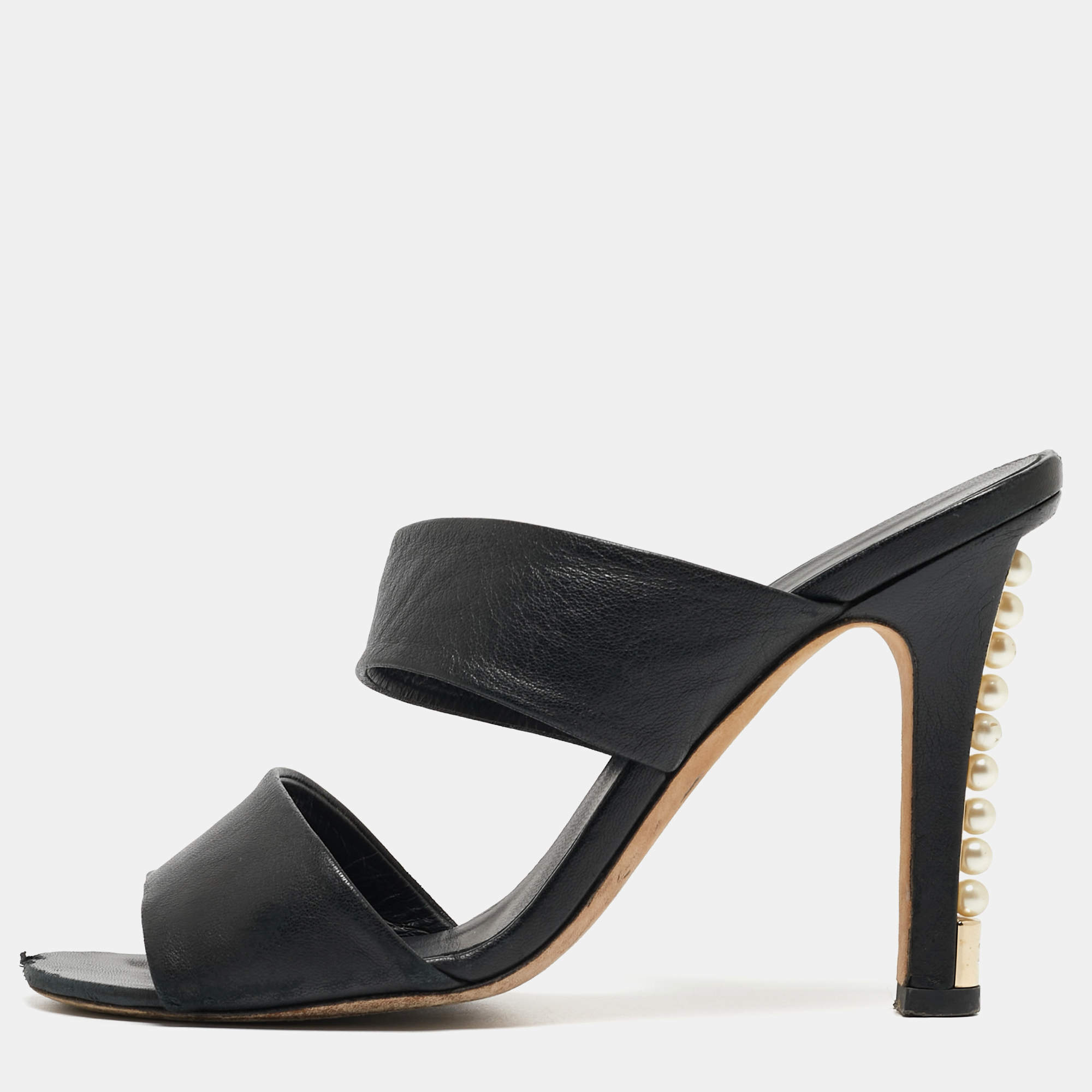 Chanel Black Leather CC Pearl Embellished Heel Slide Sandals Size 39
