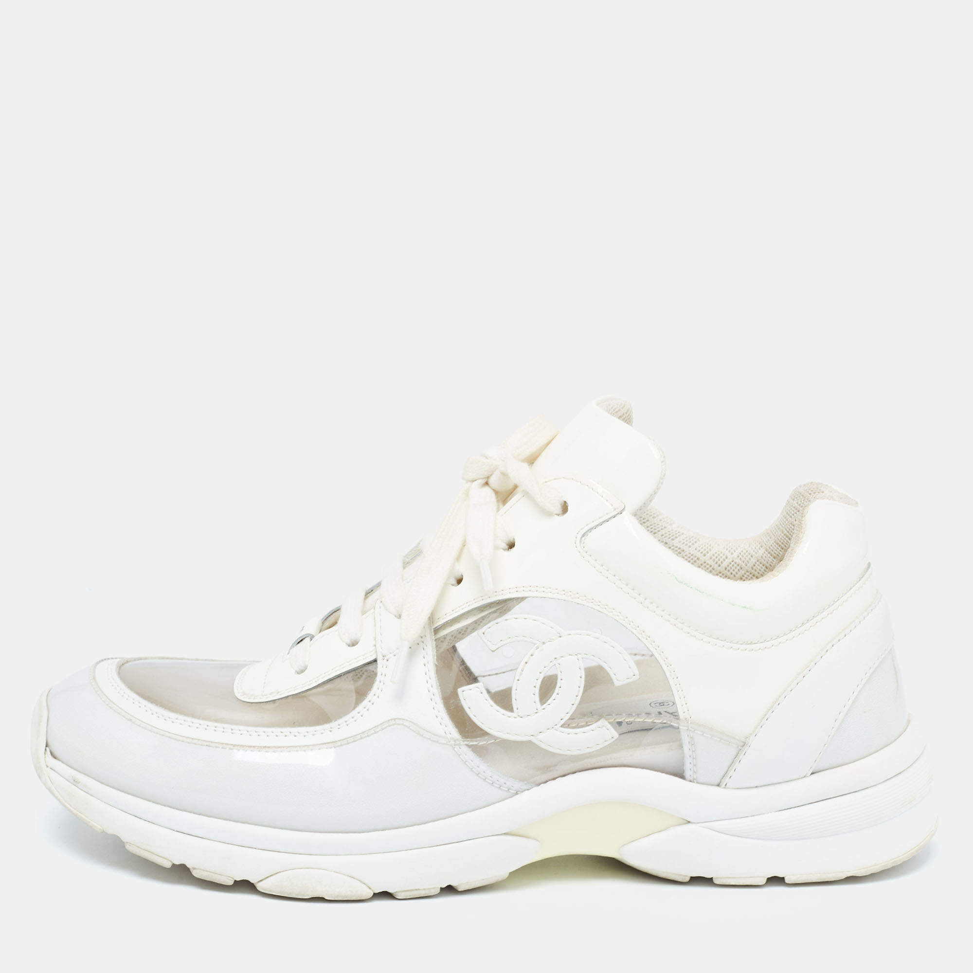 Chanel Off White Patent Leather and PVC CC Low Top Sneakers Size 41
