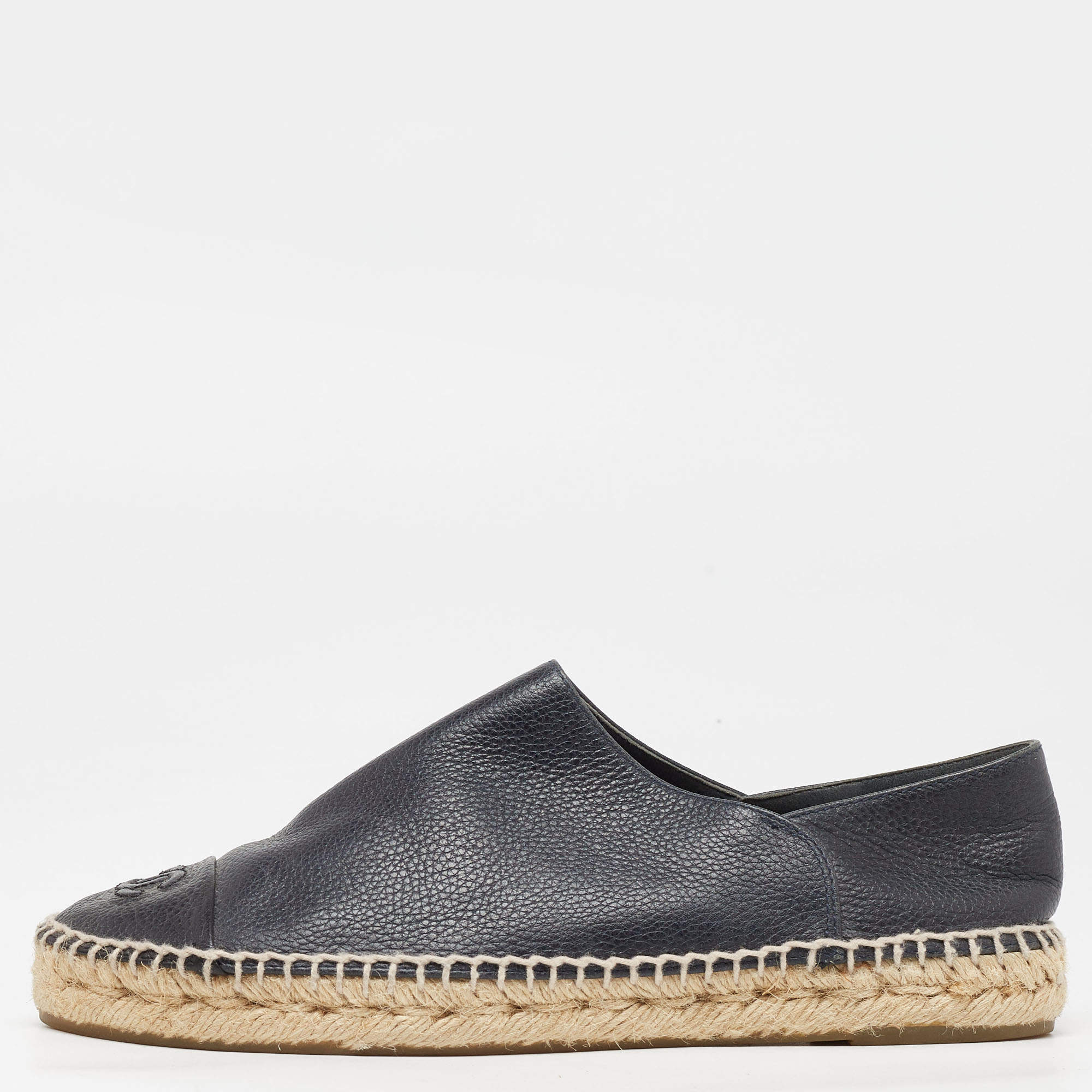 Pre Owned Chanel Black Leather CC Espadrille Flats Size 40