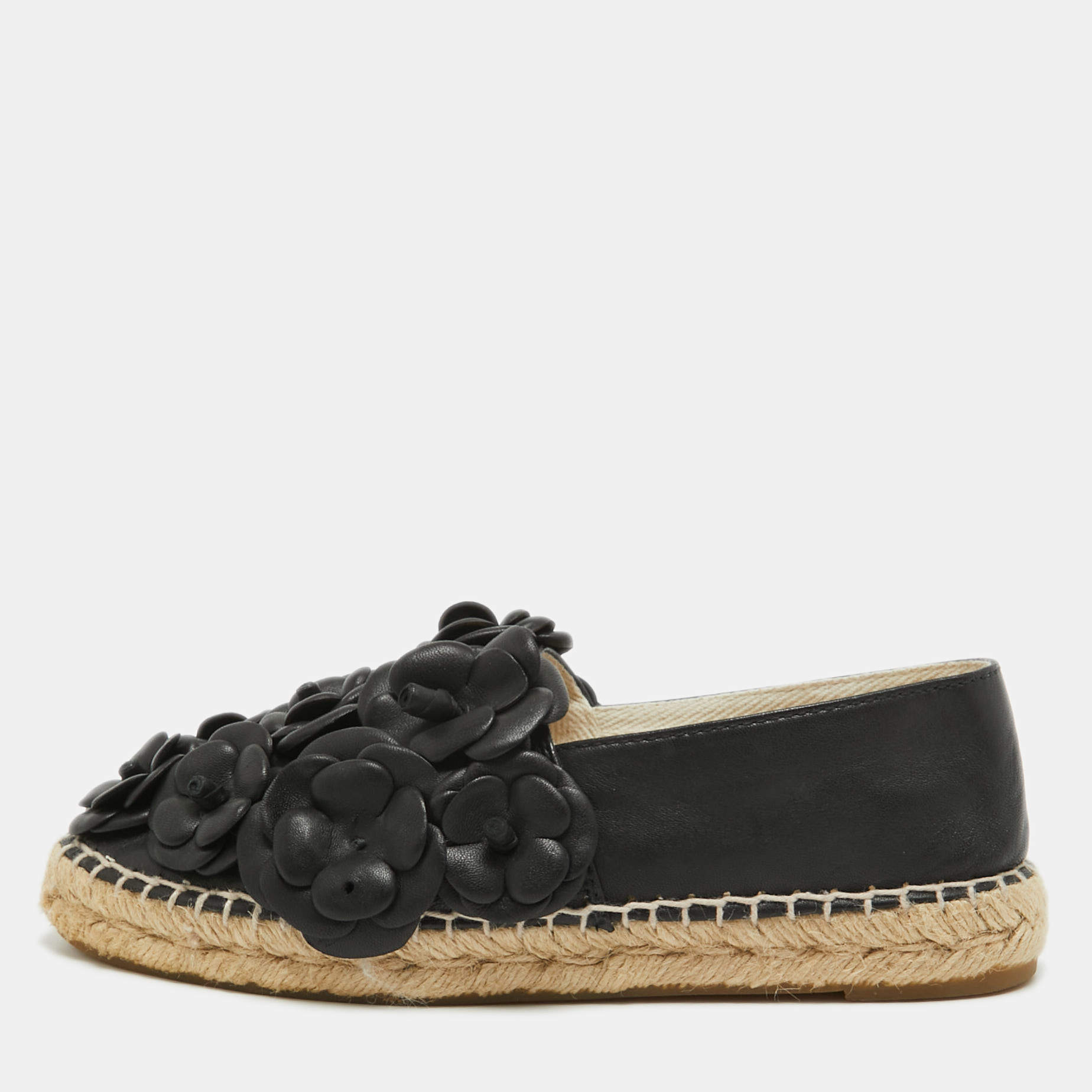 Pre Owned Chanel Black Leather Camelia Espadrille Ballet Flats Size 37