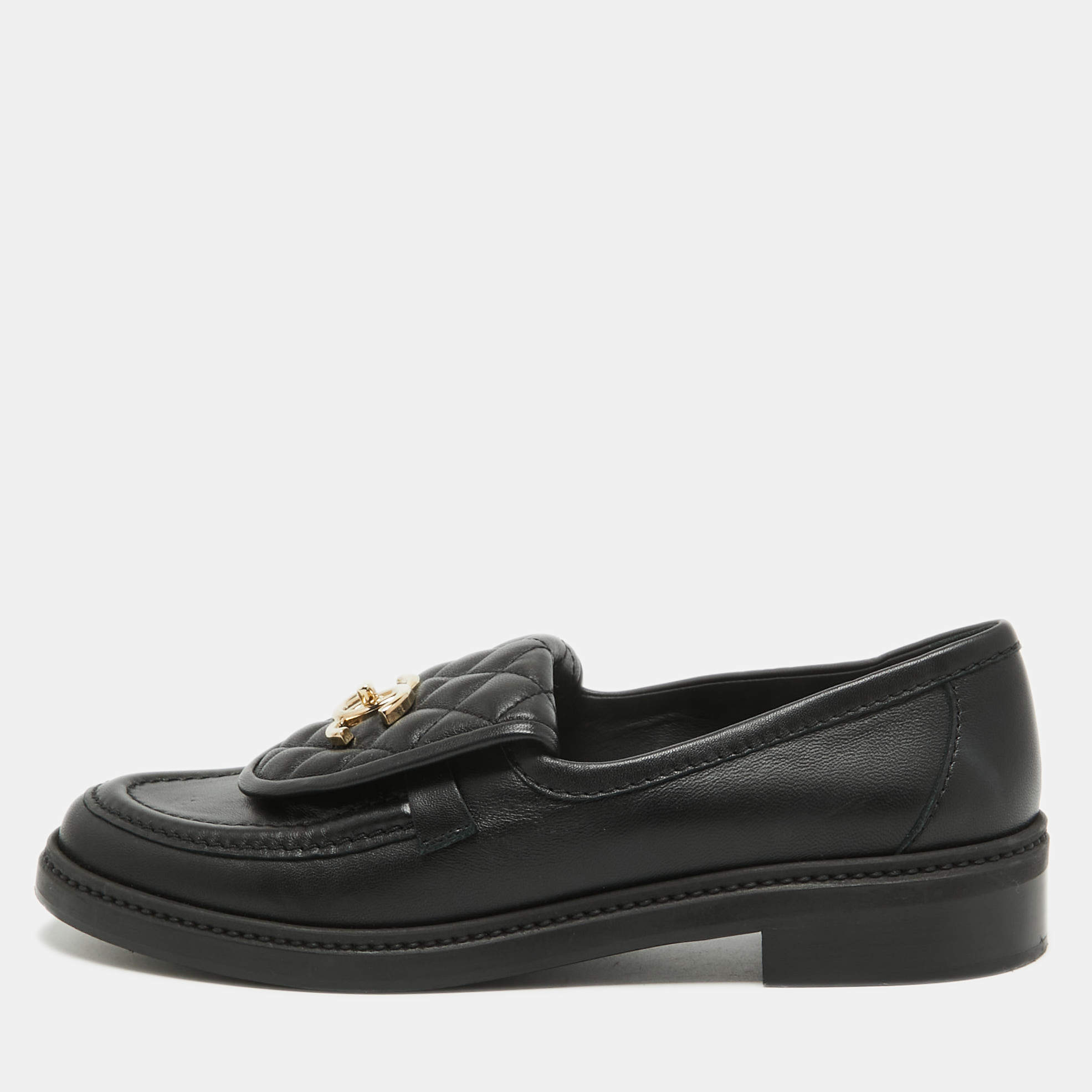 Chanel Black Quilted Leather CC Turnlock Loafers Size 39