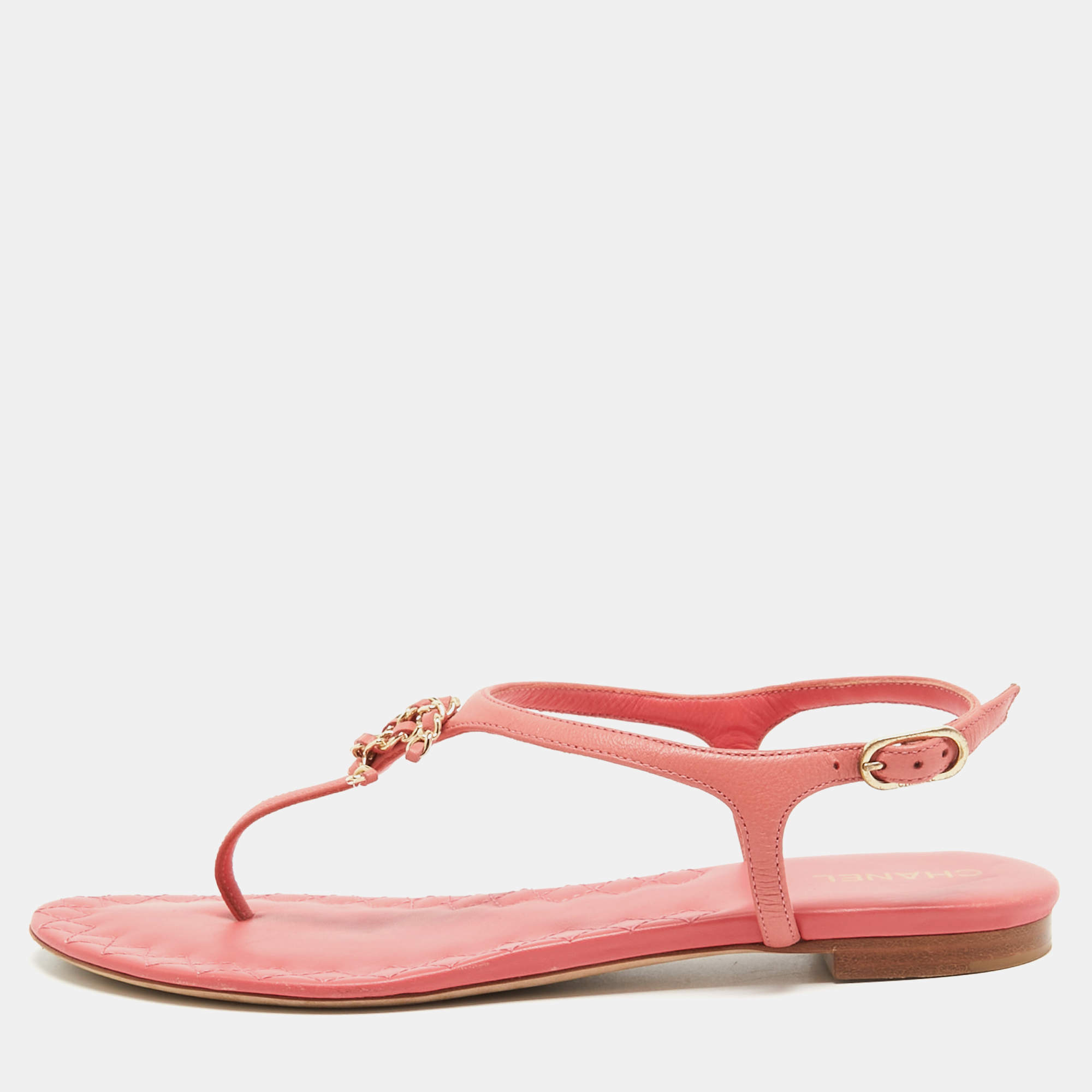 Chanel Pink Leather Chain-Link Thong Sandals Size 38
