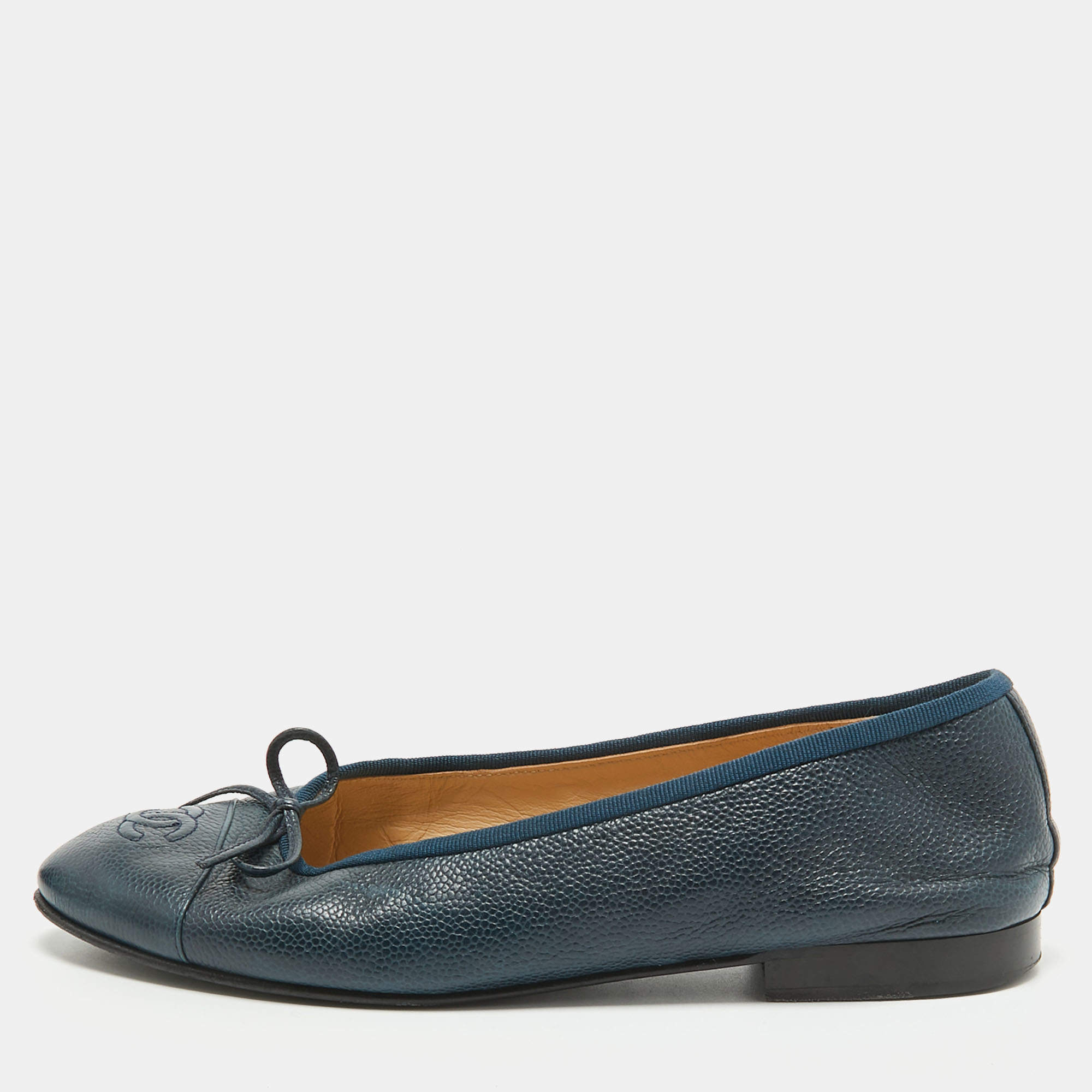 Chanel Dark Blue Leather CC Ballet Flats Size 38