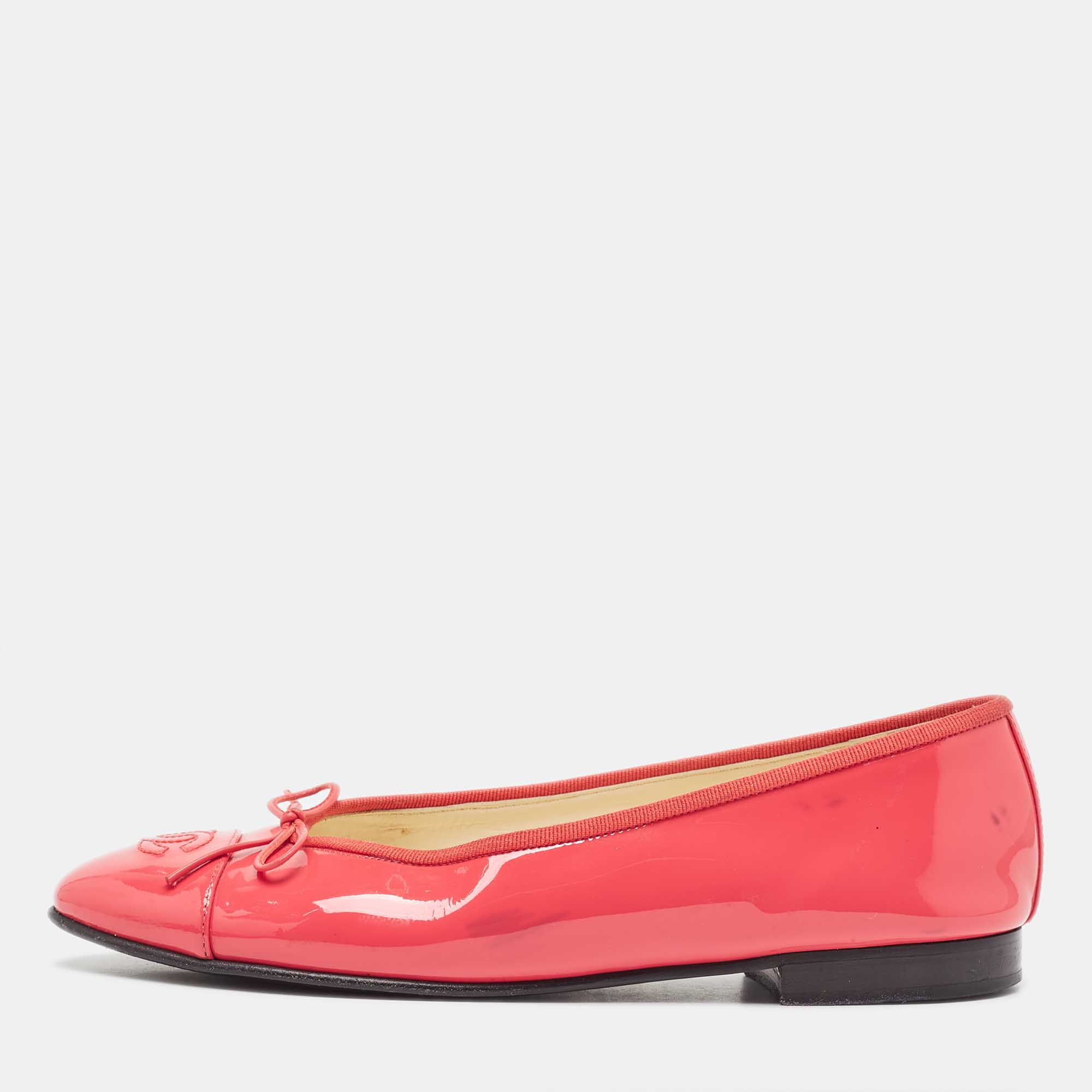 Pre Owned Chanel Pink Patent Leather CC Bow Ballet Flats Size 39