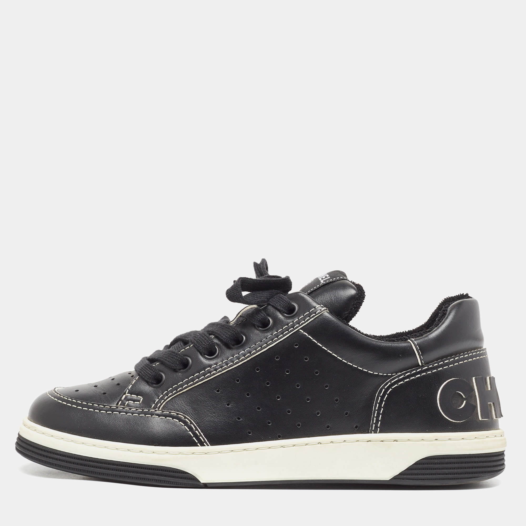 Pre Owned Chanel Black Perforated Leather Logo Low Top Sneakers Size 39