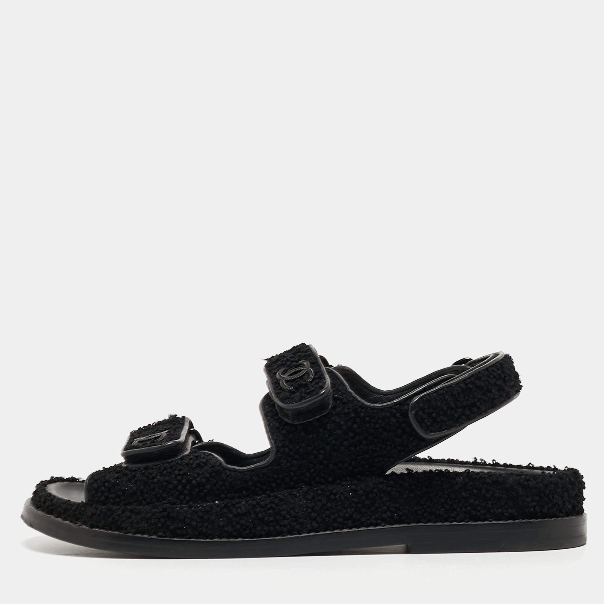 Pre Owned Chanel Black Tweed Fabric Dad Sandals Size 37