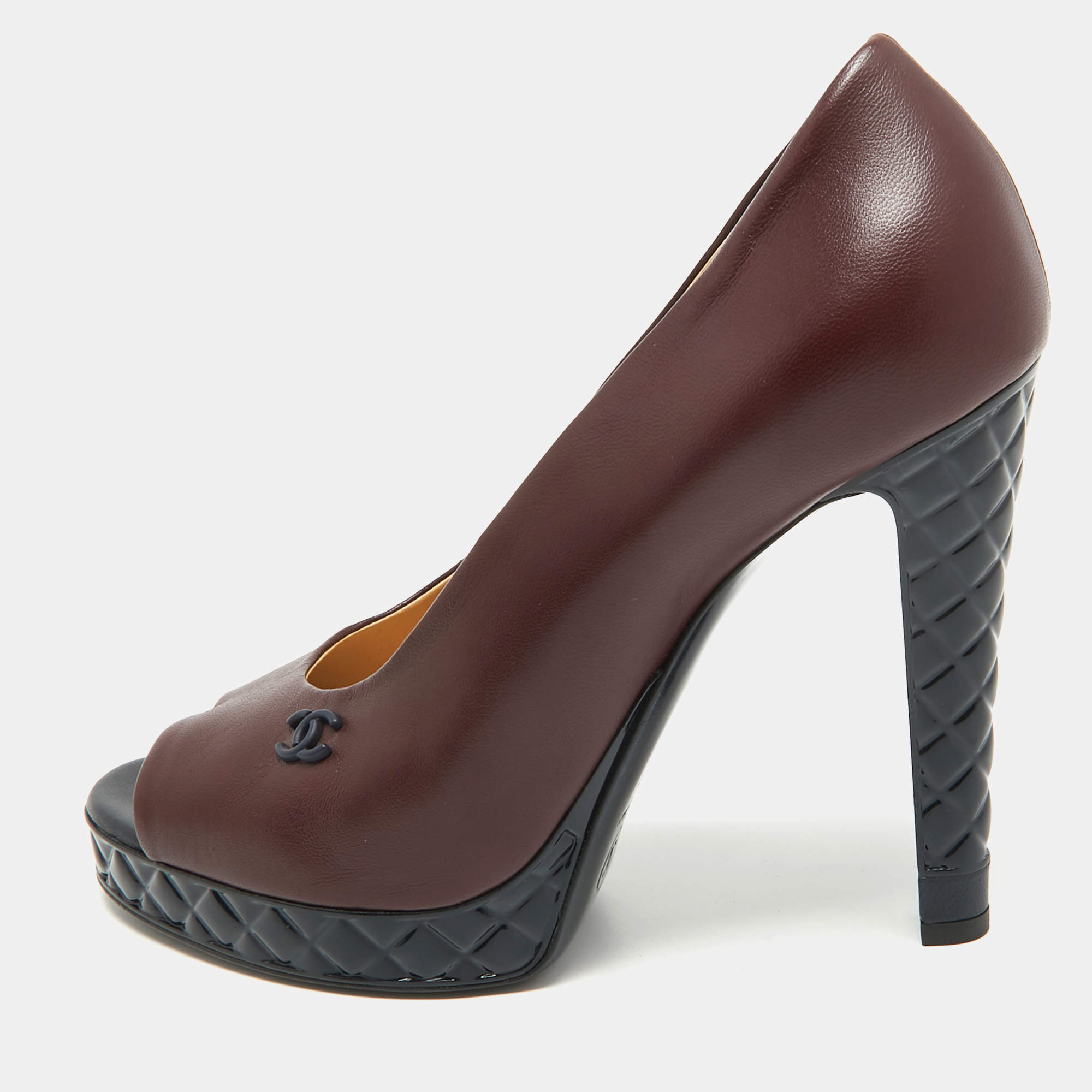 Pre Owned Chanel Burgundy Leather CC Open Toe Platform Pumps Size 40