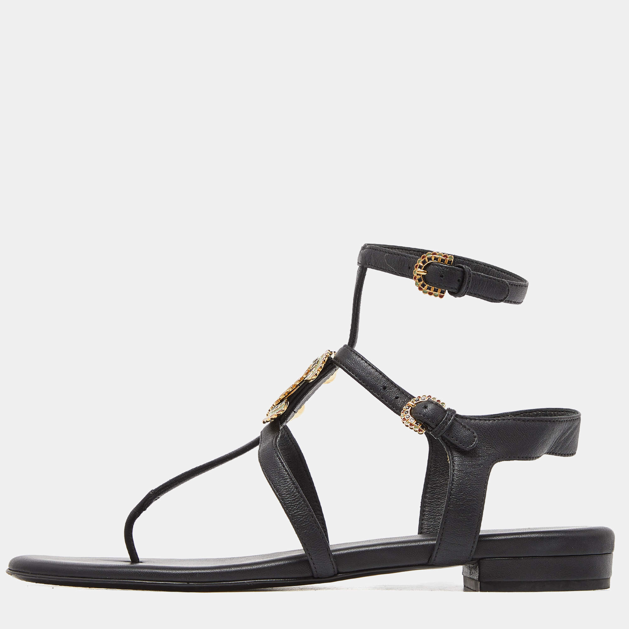 Pre Owned Chanel Black Leather CC Logo Gladiator Sandals Size 39