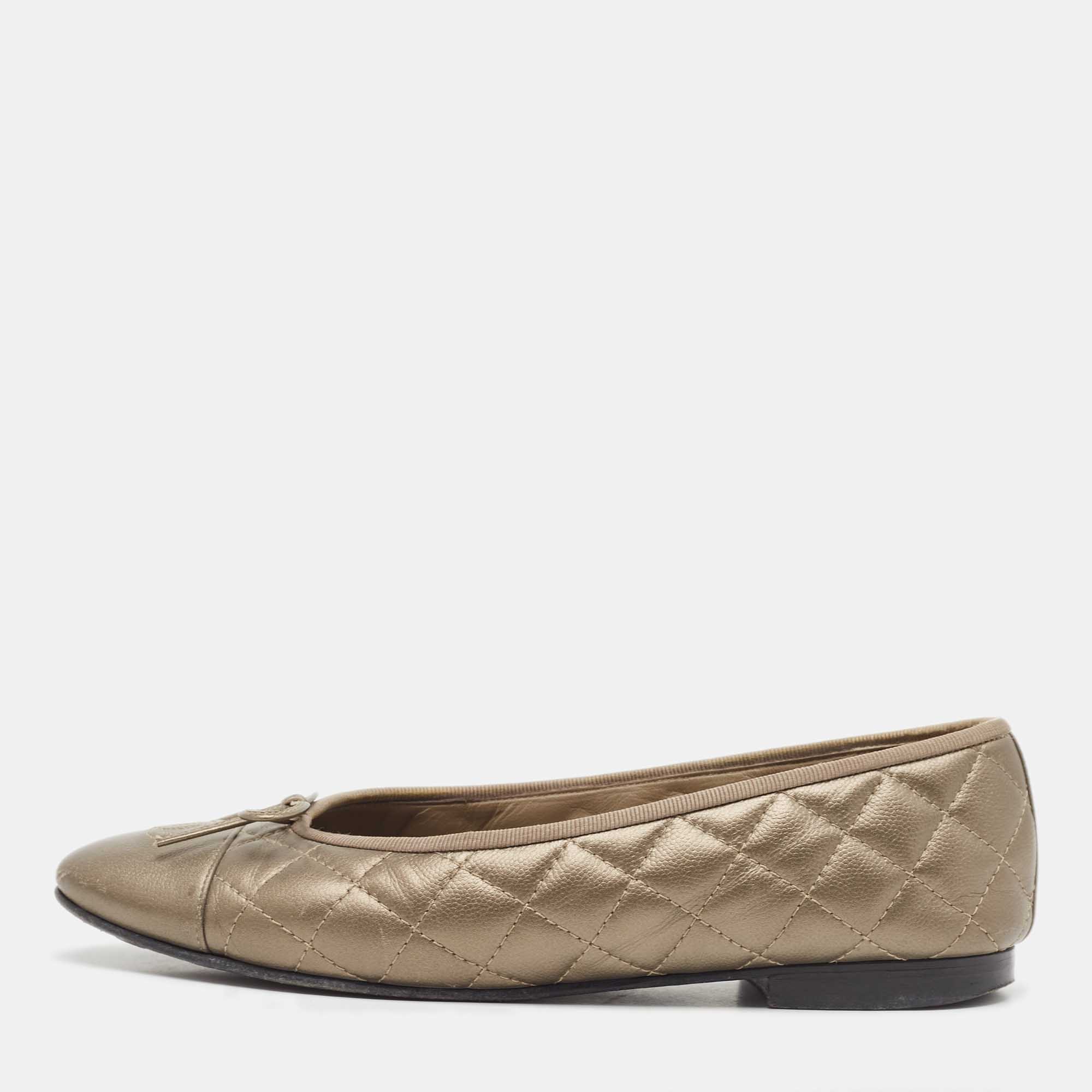 Chanel Metallic Quilted Leather Bow CC Cap Toe Ballet Flats Size 40