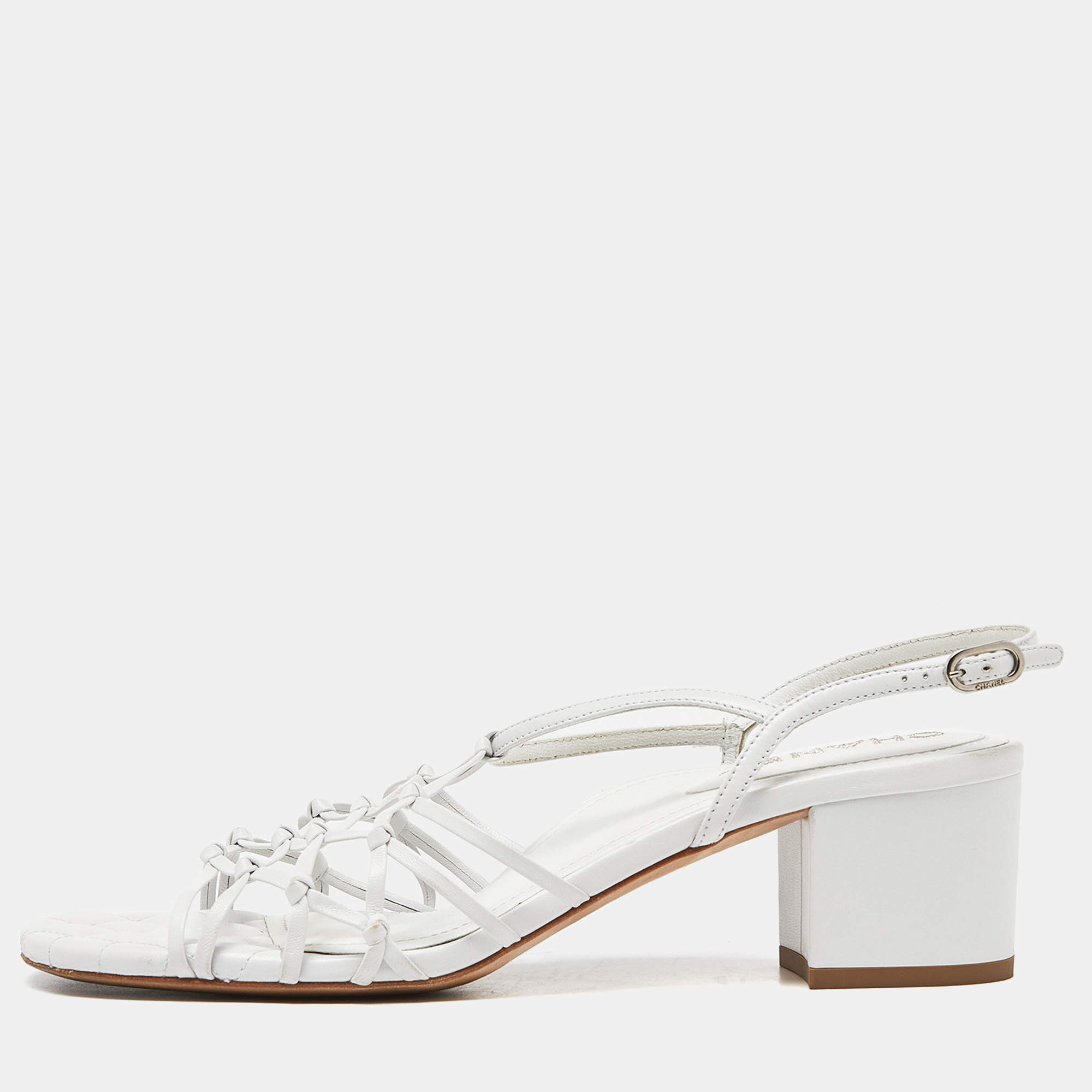 Pre Owned Chanel White Leather Slingback Sandals Size 39.5