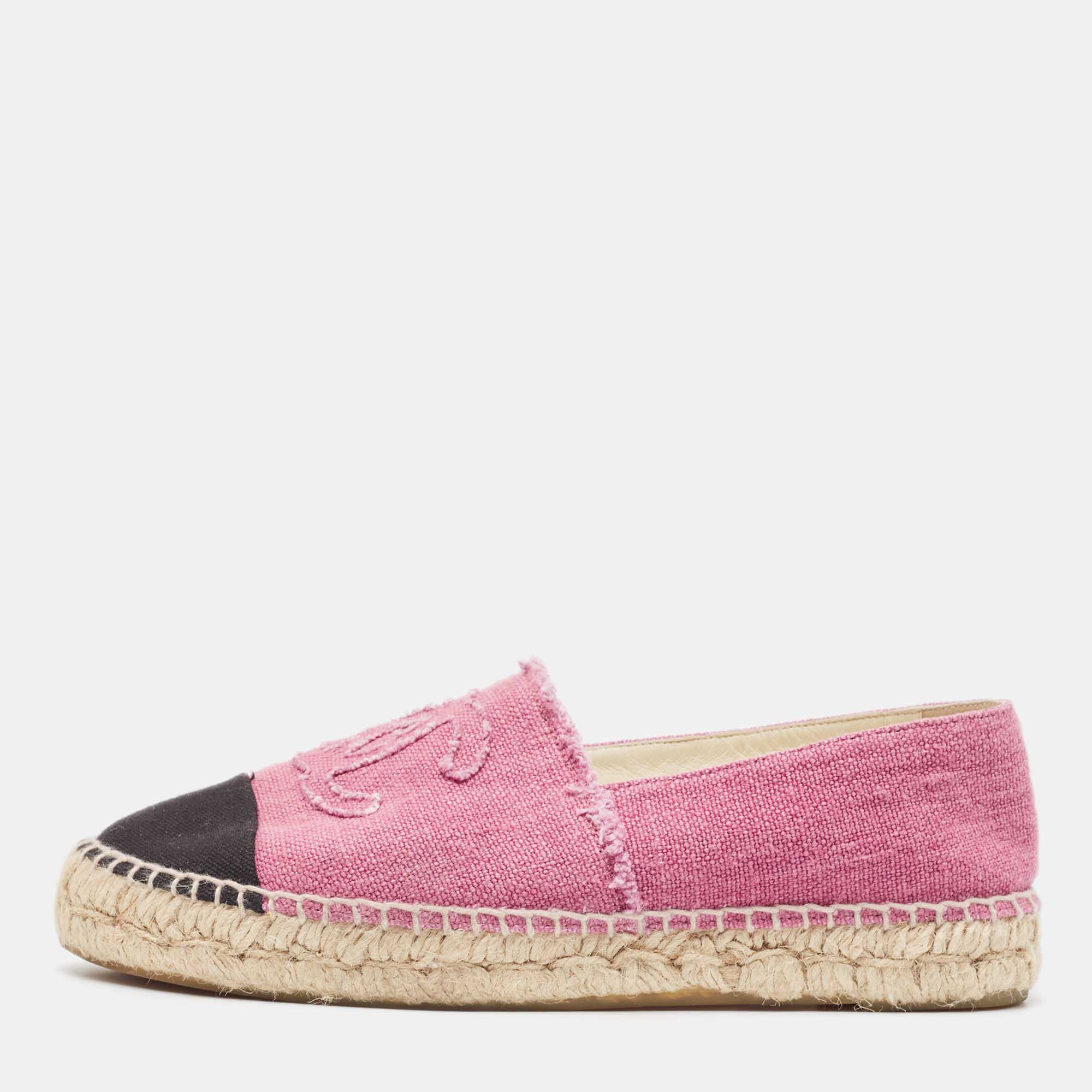 Chanel Pink/Black Canvas CC Espadrille Flats Size 39
