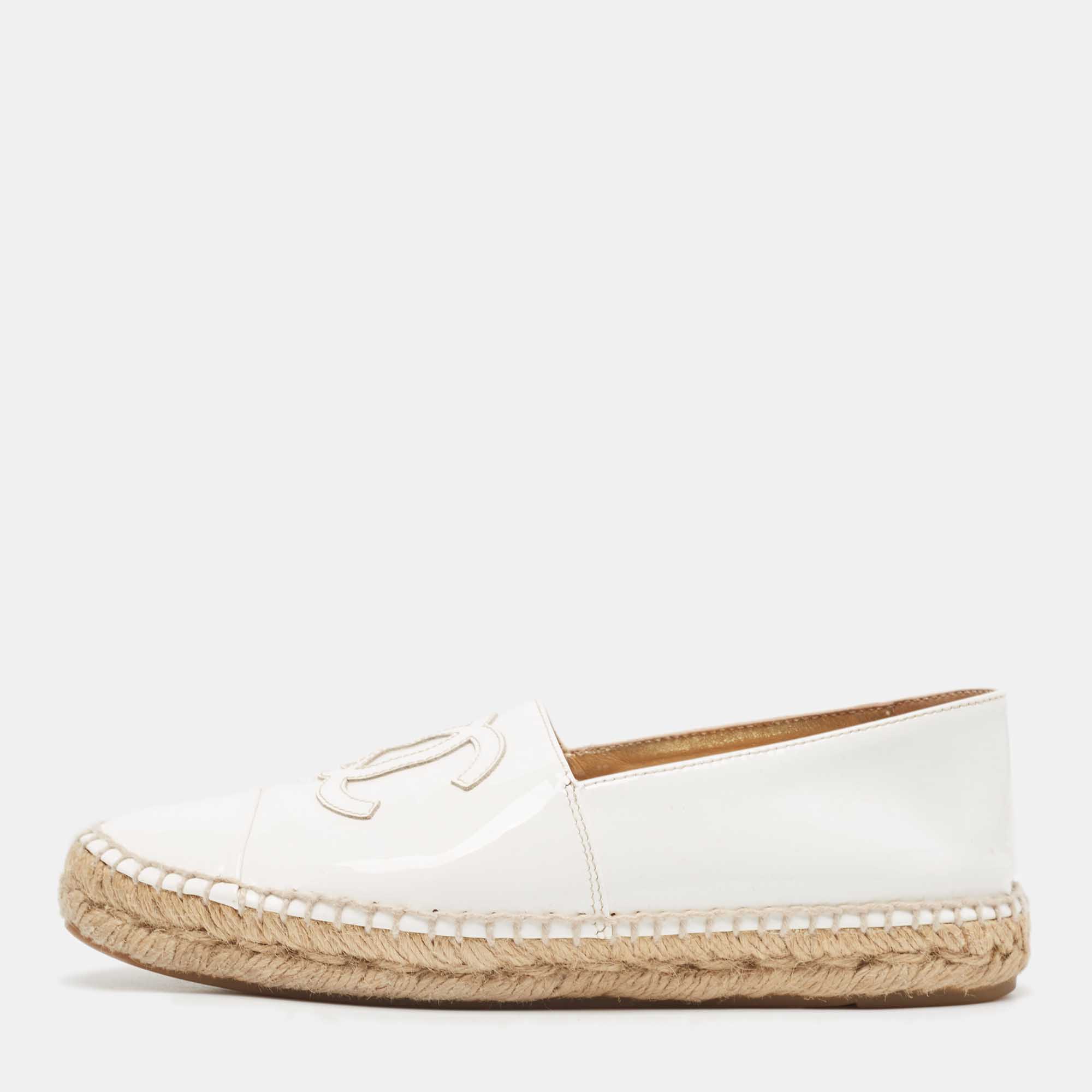 Chanel White Patent Leather CC Espadrille Flats Size 36