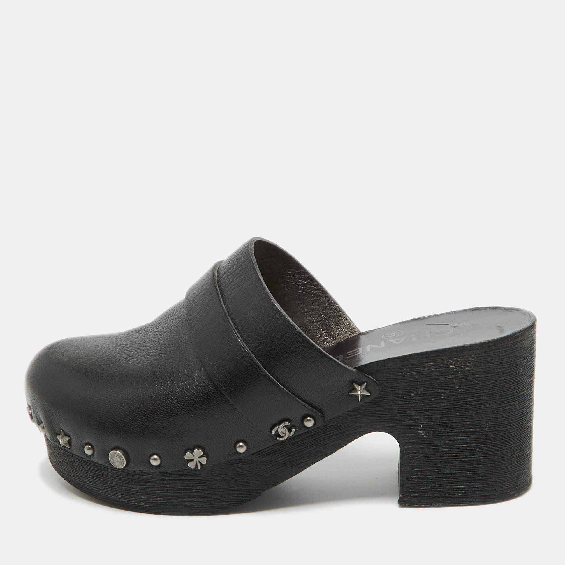 Chanel Black Leather Studded Platform Clogs Size 37