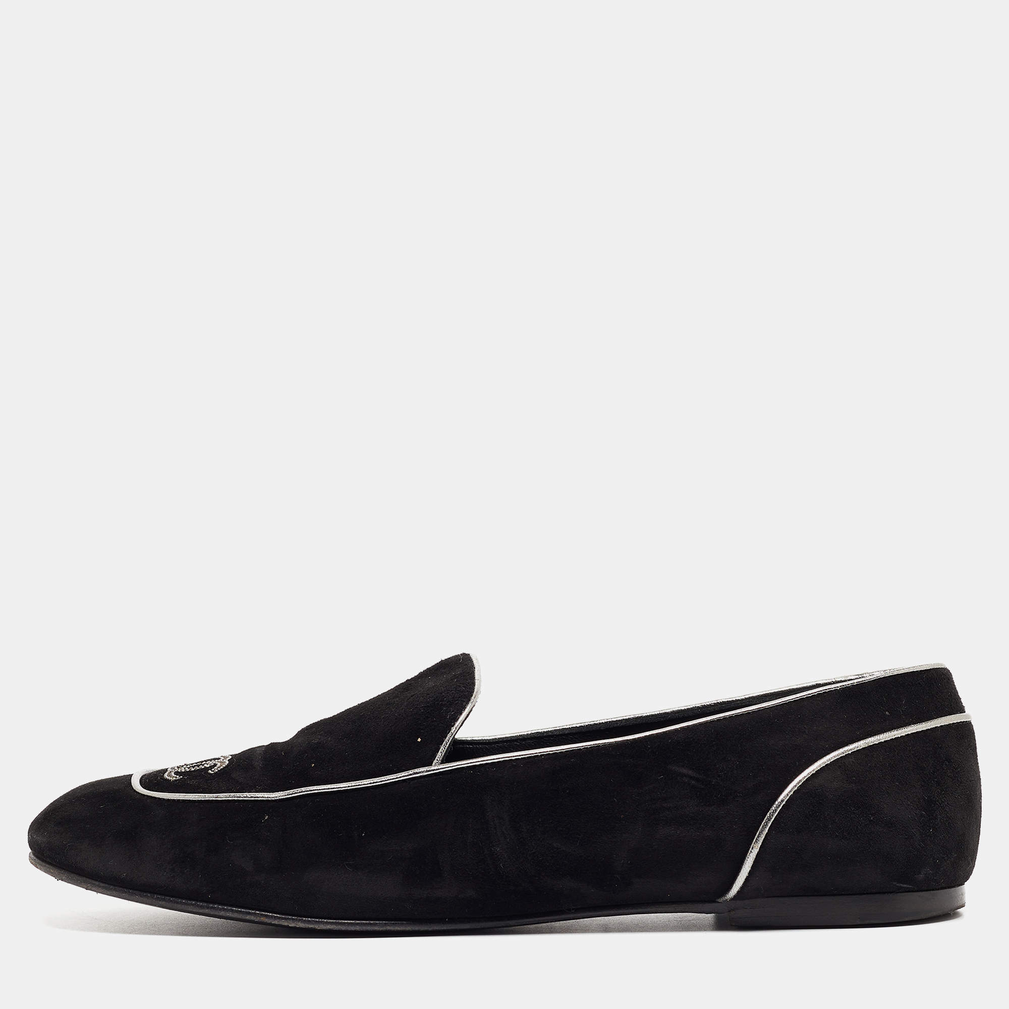 Pre Owned Chanel Black Suede CC Embellished Smoking Slippers Size 41