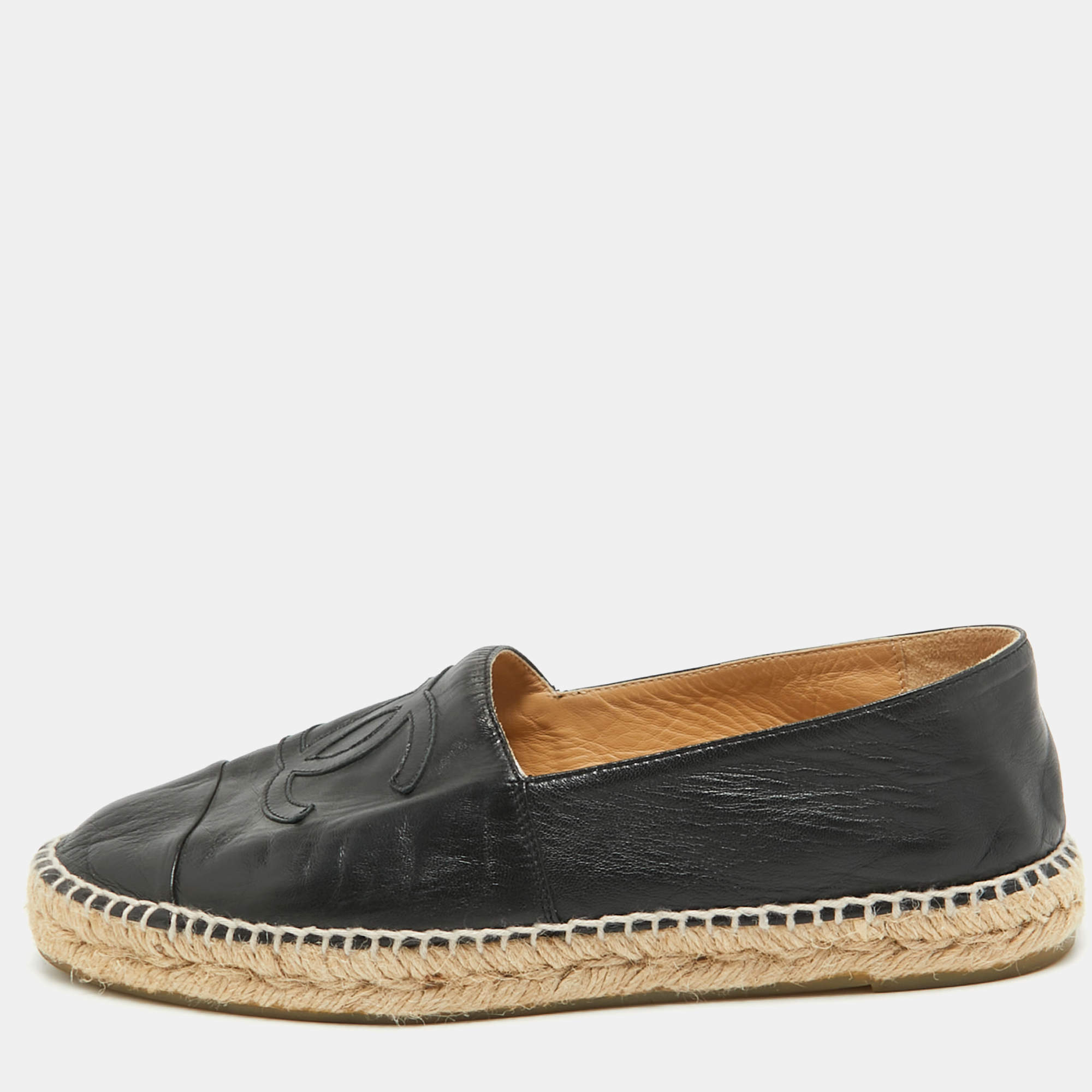 Chanel Black Leather CC Espadrille Flats Size 41