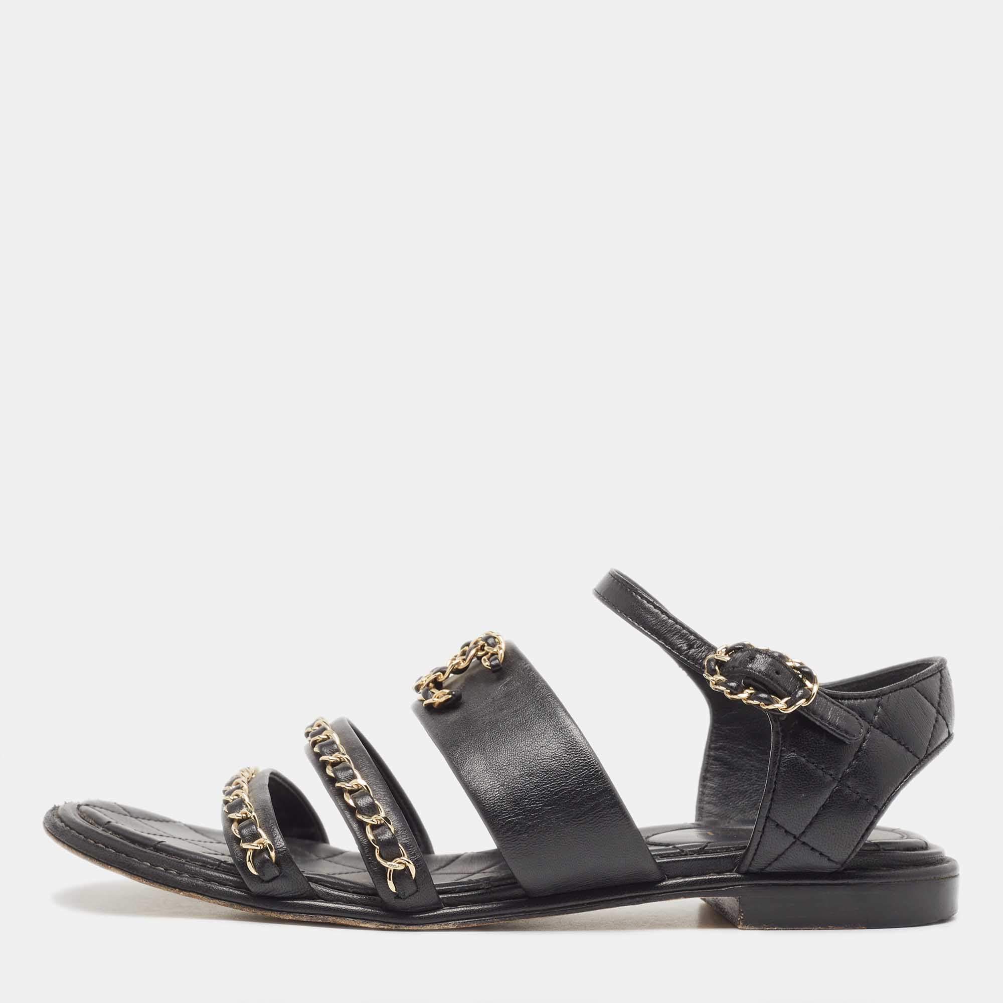 مملوكة مسبقًا Chanel Black Leather CC Chain Ankle Strap Sandals Size 38.5