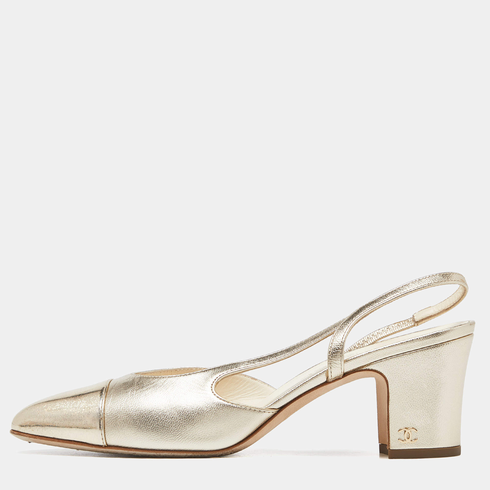 Pre Owned صندل شانيل فتحة خلفية كعب عريض سى سى قماش وتويد أزرق مقاس 38.5