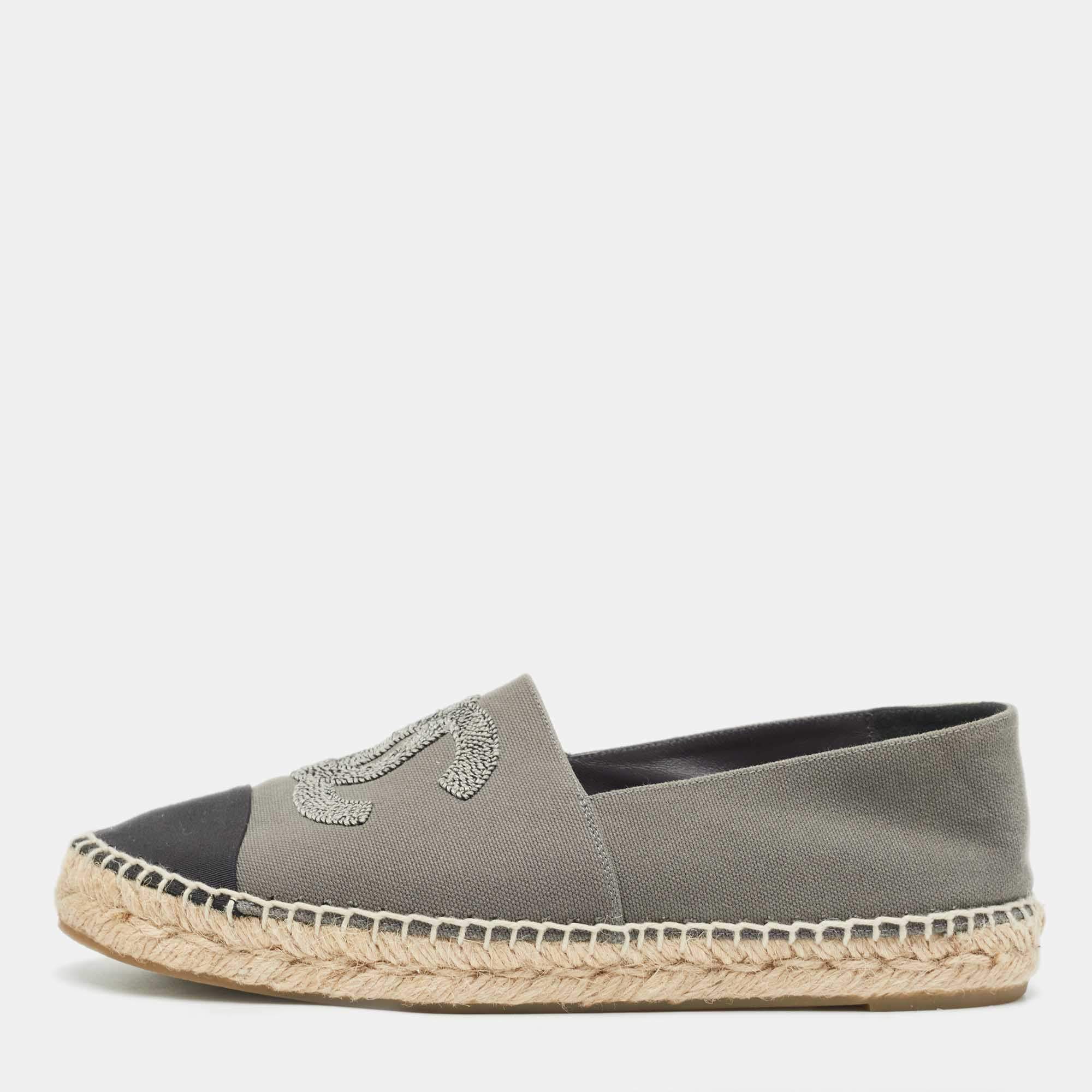 Chanel Grey/Black Canvas CC Espadrille Flats Size 41