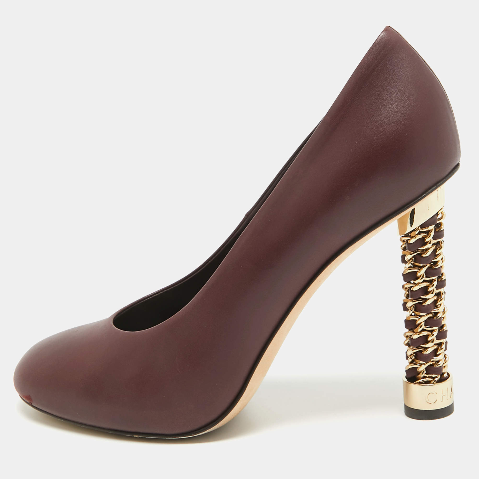 Chanel Burgundy Leather Chain Detail Heel Pumps Size 39.5