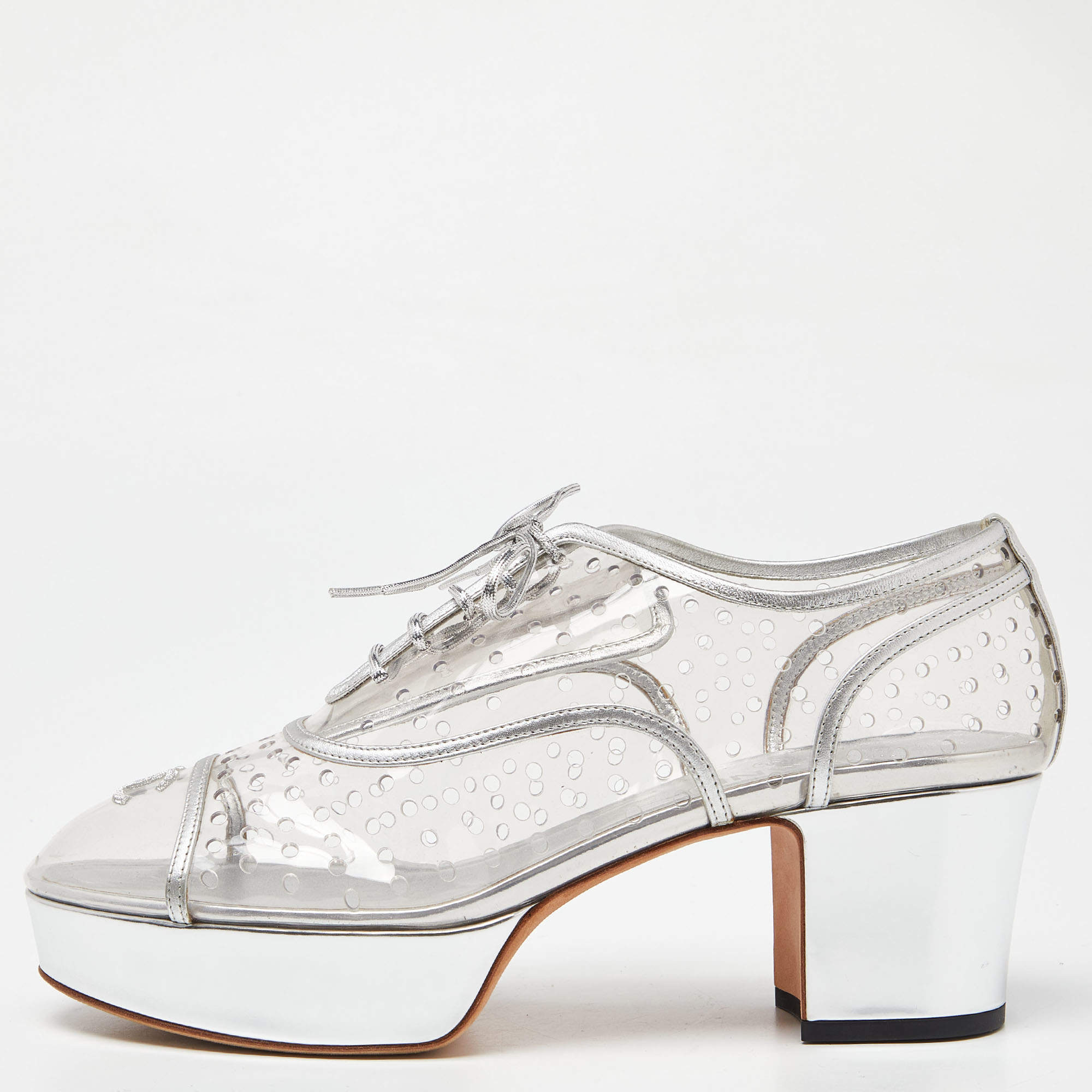 Pre Owned Chanel Transparent/Silver Pvc and Leather CC Block Heel Lace Up Platform Pumps Size 41