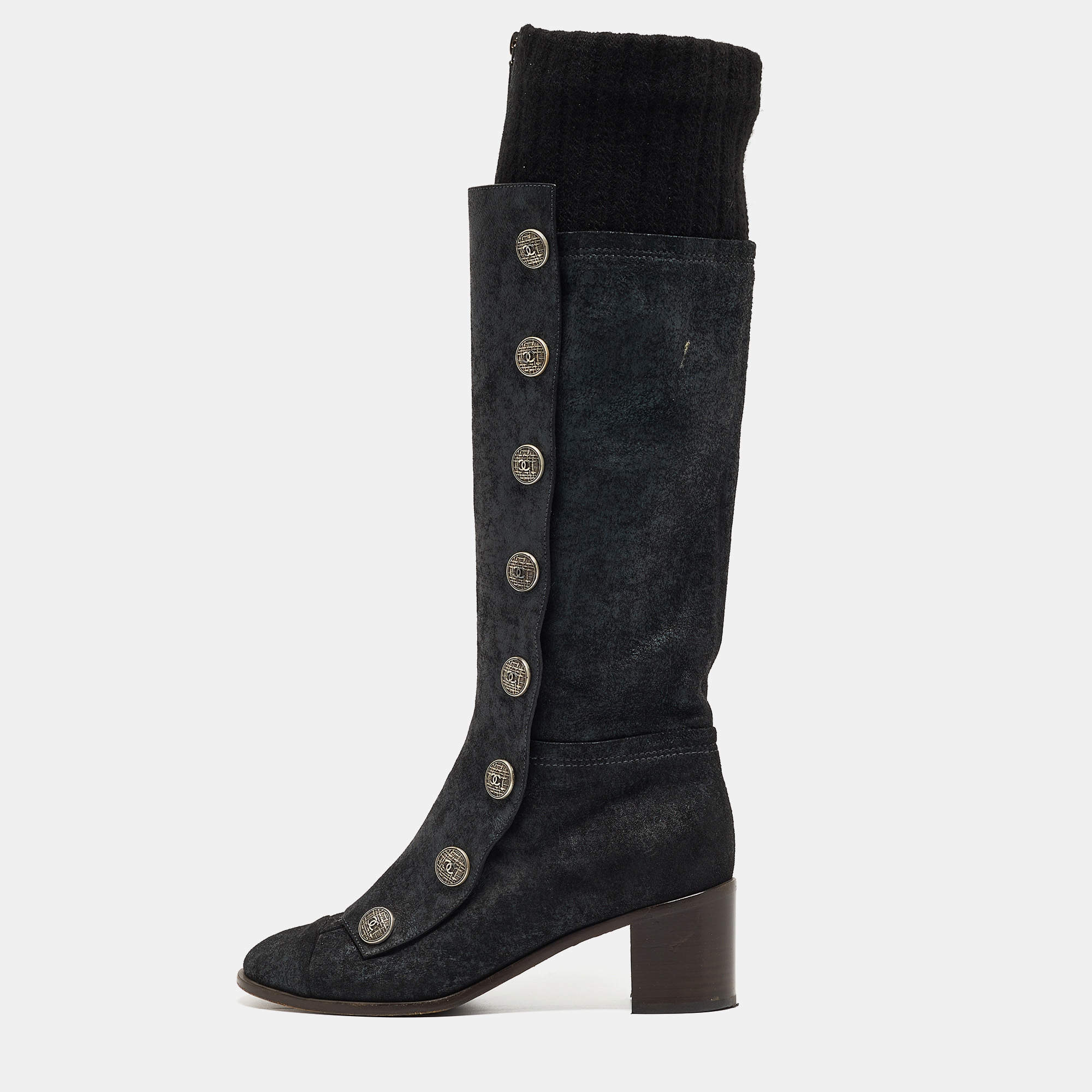 Chanel Black/Grey Nubuck and Fabric Button Knee Length Boots Size 37