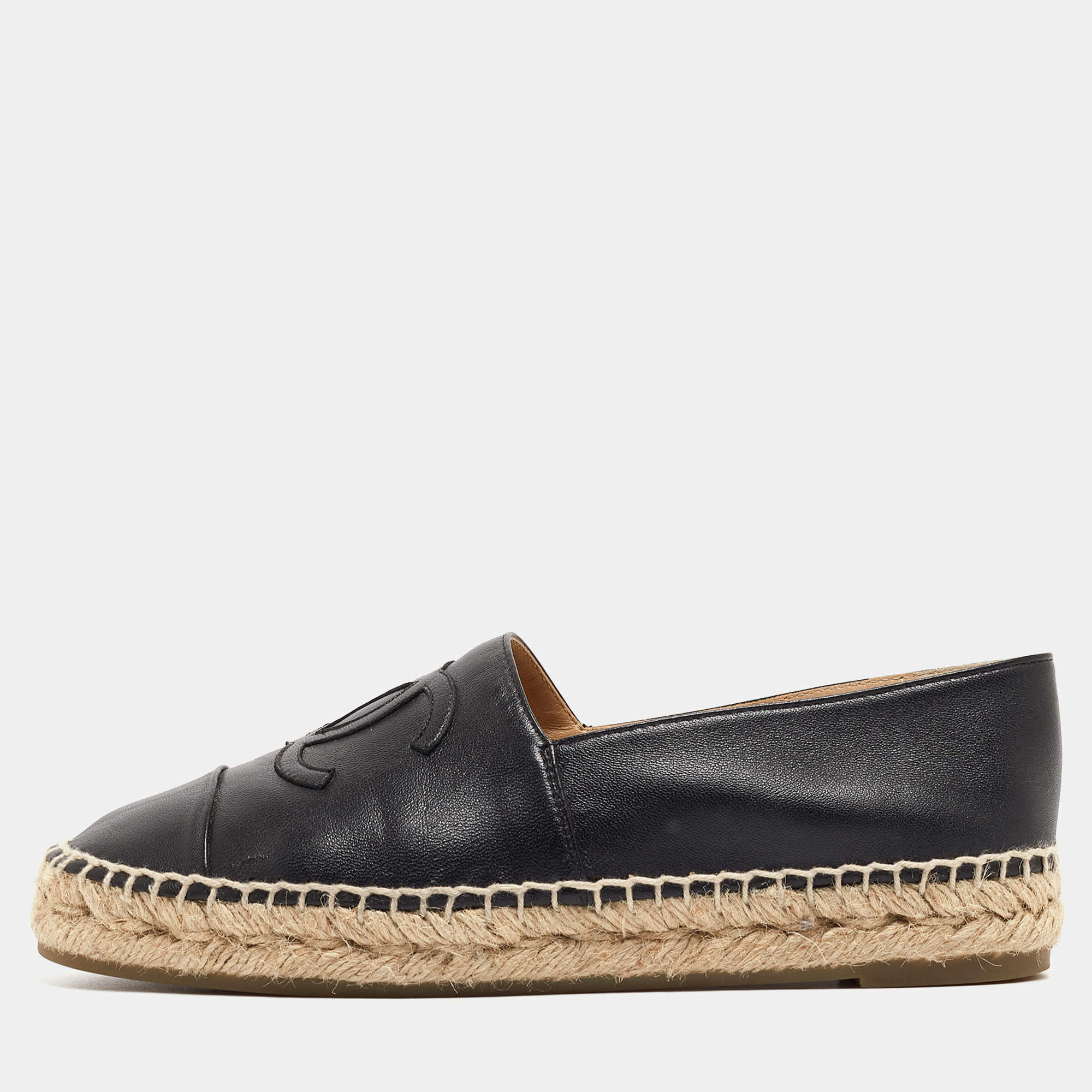 مملوكة مسبقًا Chanel Black Leather CC Espadrille Flats Size 37