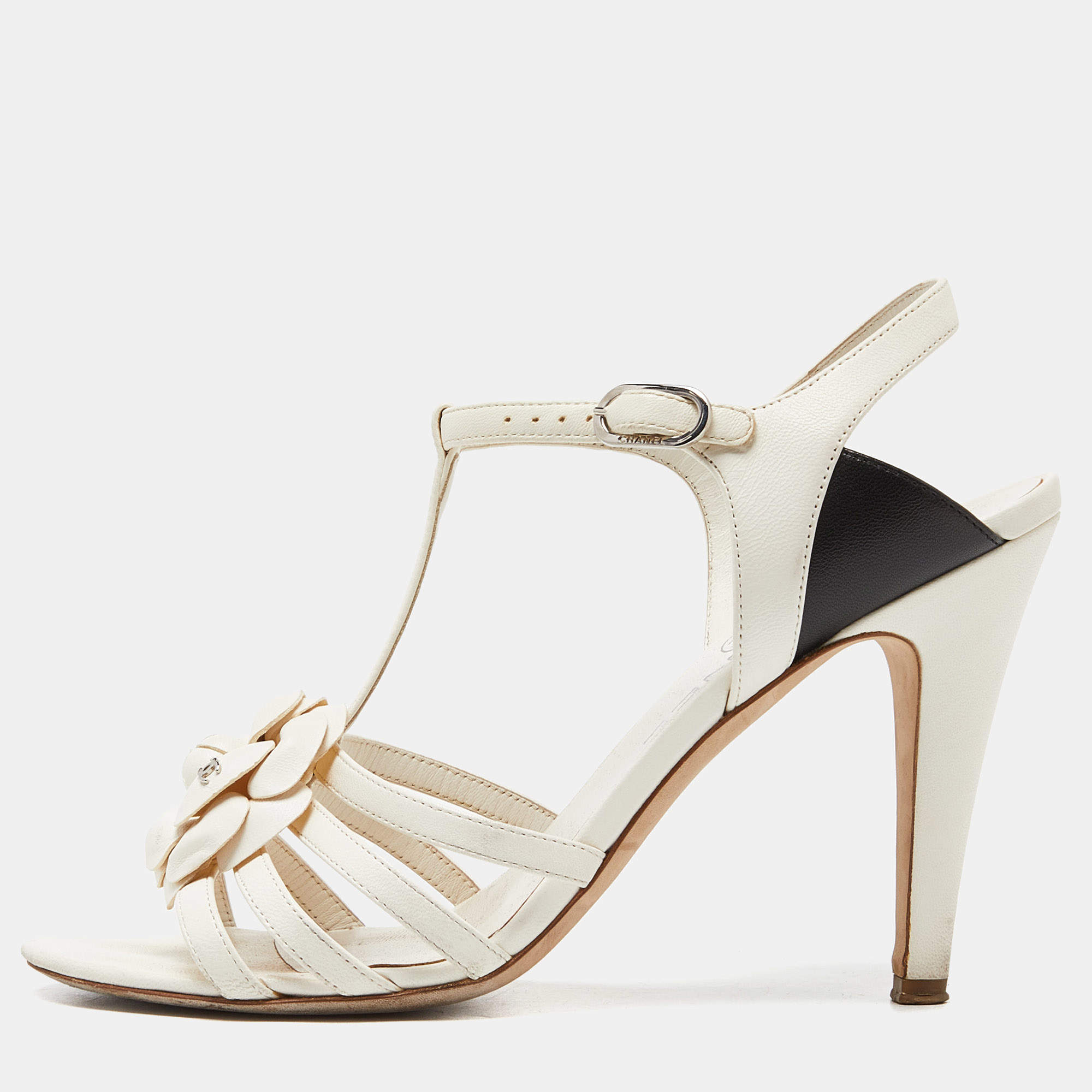 Chanel Off White/Black Leather Camellia Ankle Strap Sandals Size 37.5