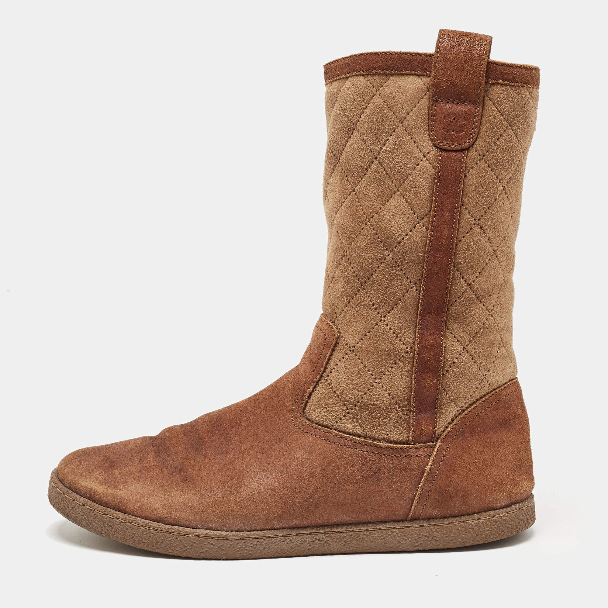 Pre Owned Chanel Brown Suede Midcalf Boots Size 39.5