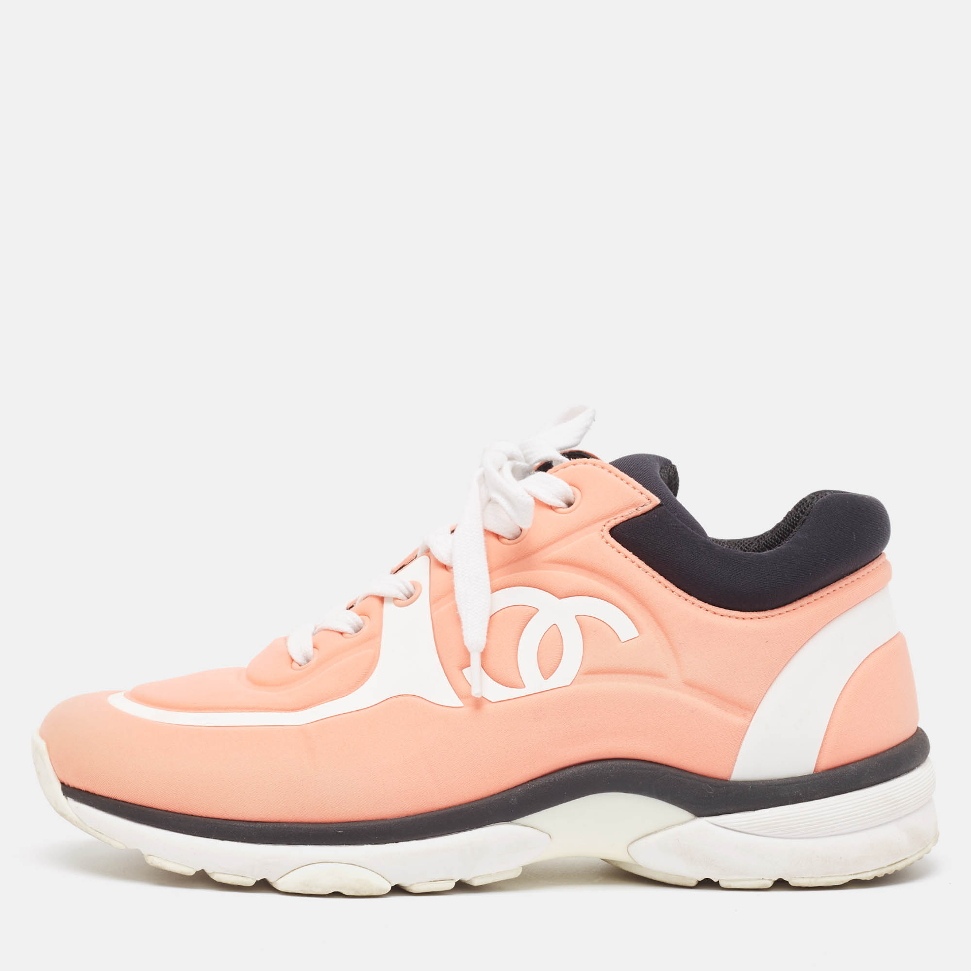 Pre Owned Chanel Coral Pink/White Neoprene CC Low Top Sneakers Size 37.5
