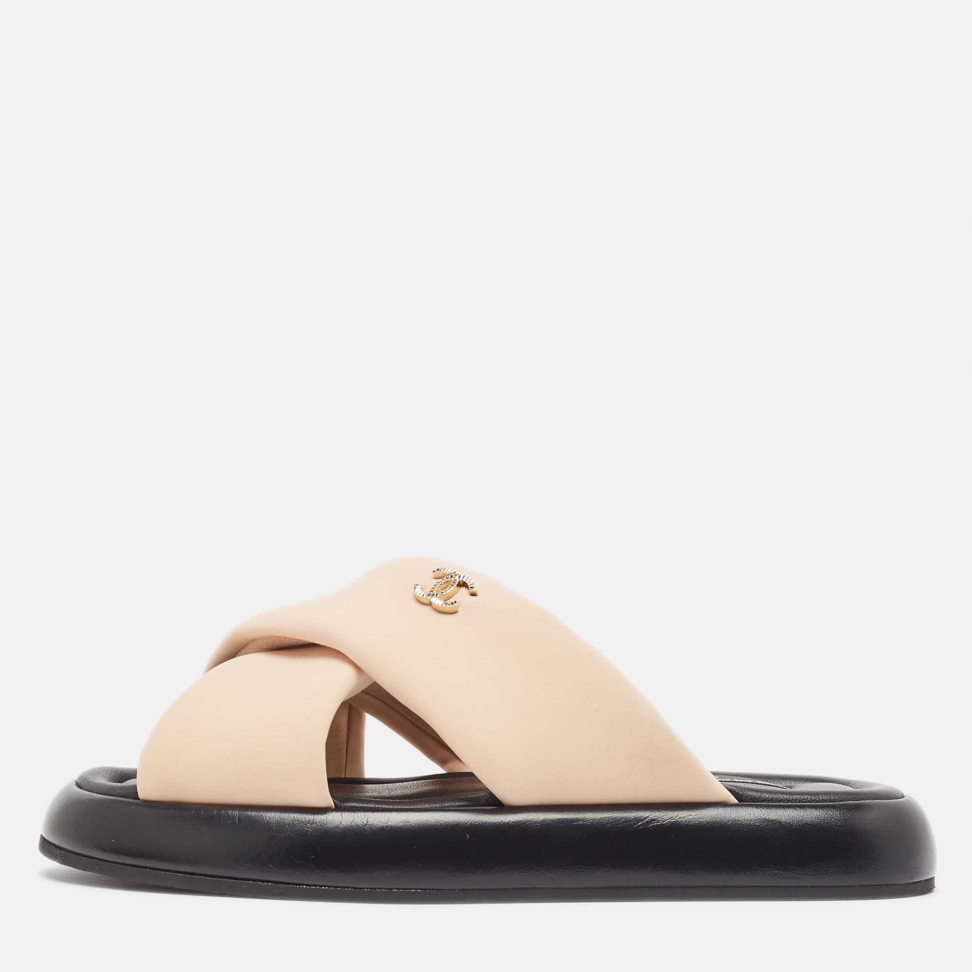 Chanel Beige Fabric Interlocking CC Logo Flat Slides Size 37