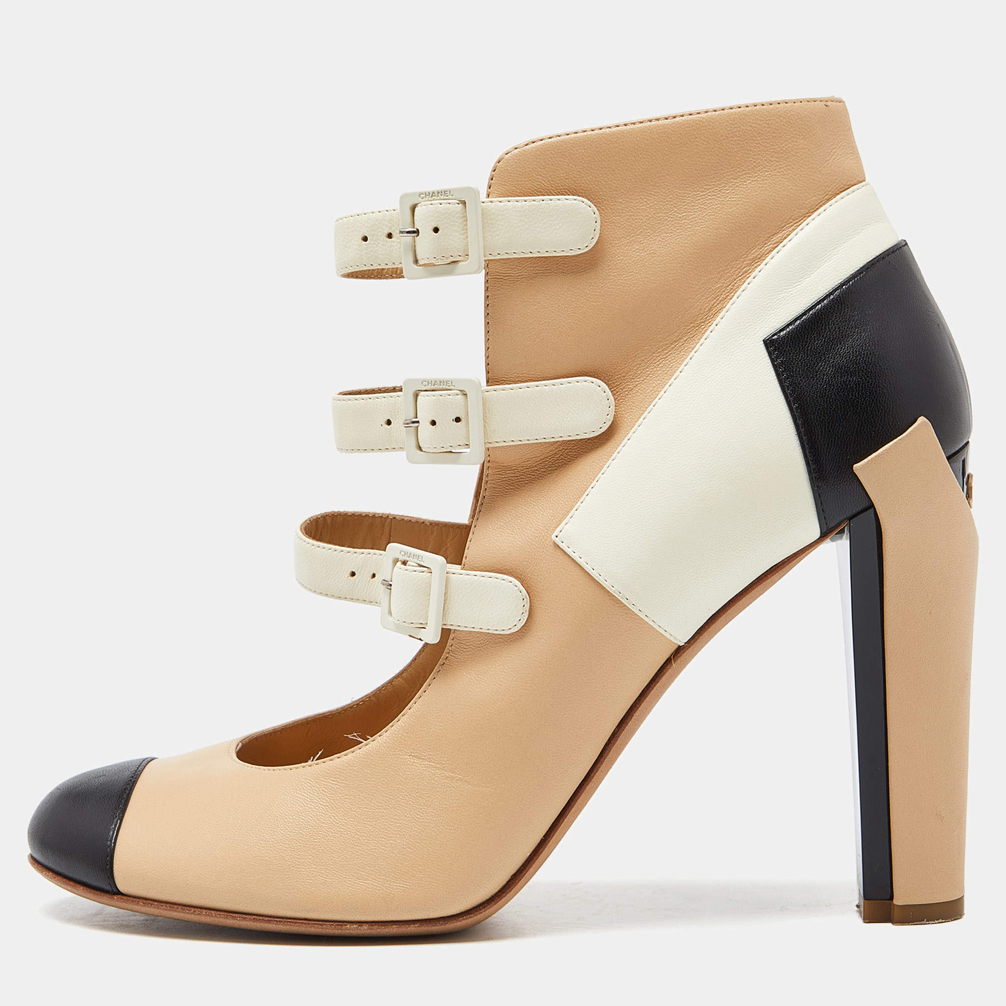 Chanel Tricolor Leather Strappy Ankle Boots Size 41