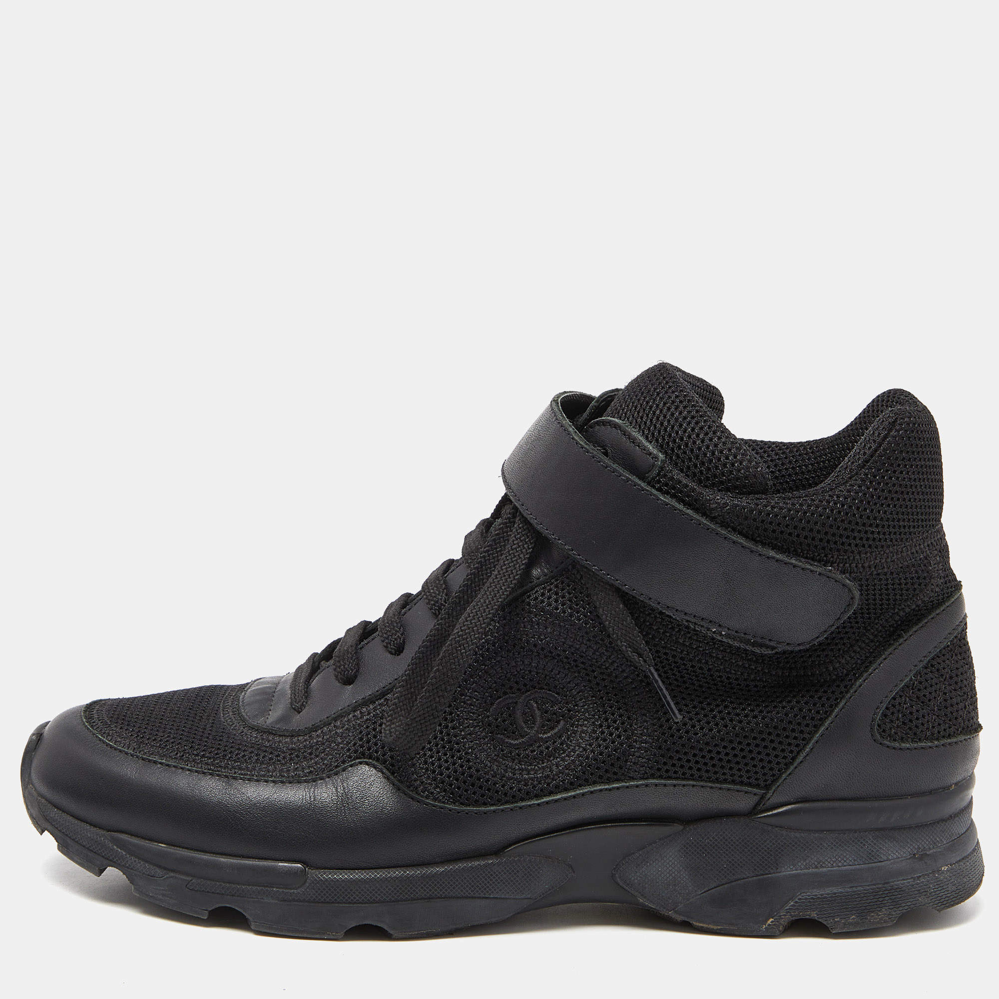 Pre Owned Chanel Black Leather and Mesh CC High Top Sneakers Size 39
