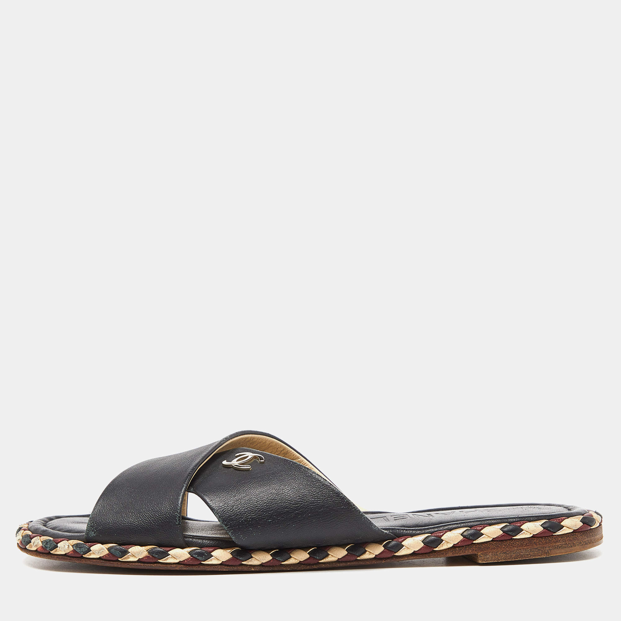 Pre Owned Chanel Black Leather Braided Trim Criss Cross CC Flat Slides Size 37