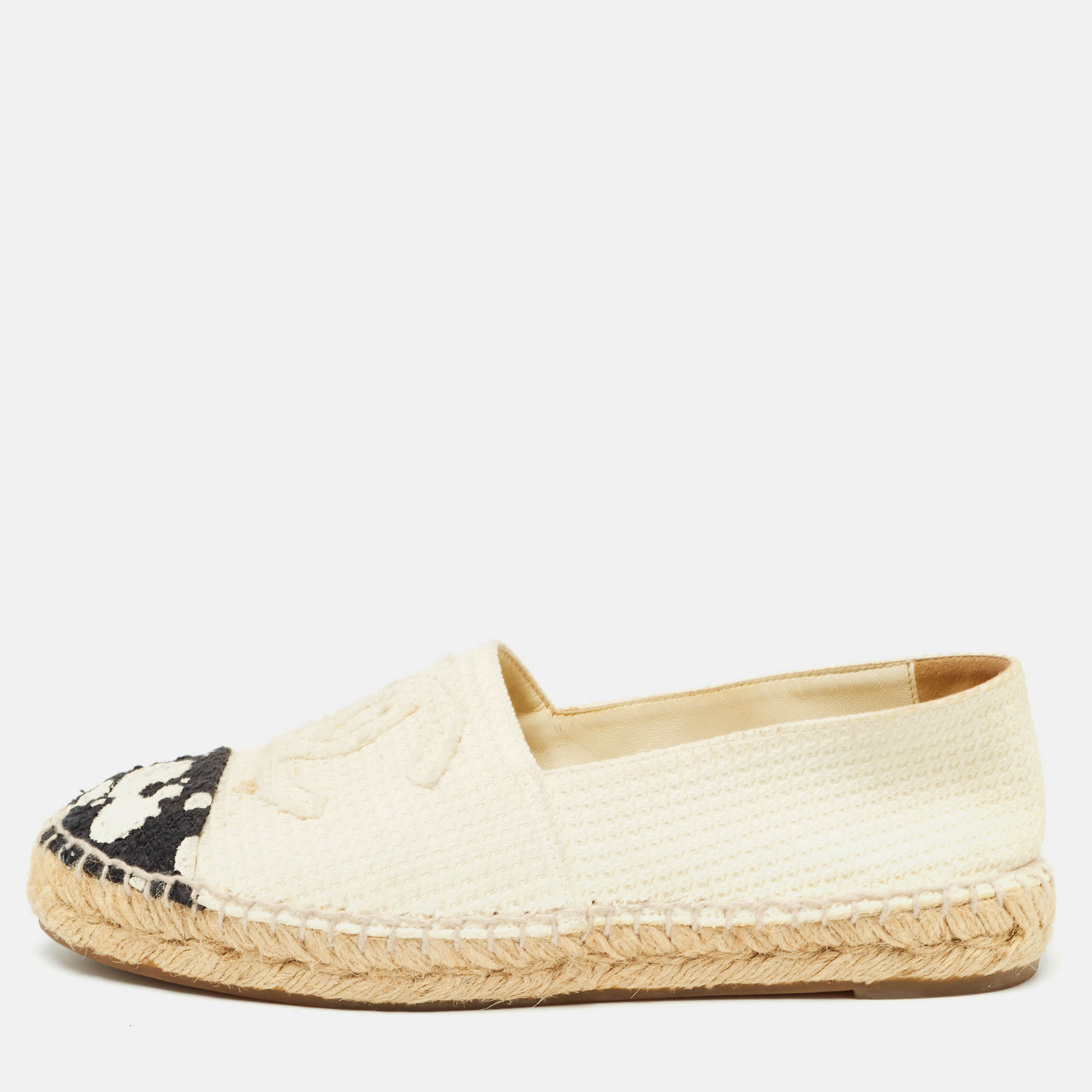 Pre Owned Chanel Cream/Black Knit Fabric CC Logo Espadrilles Flats Size 38