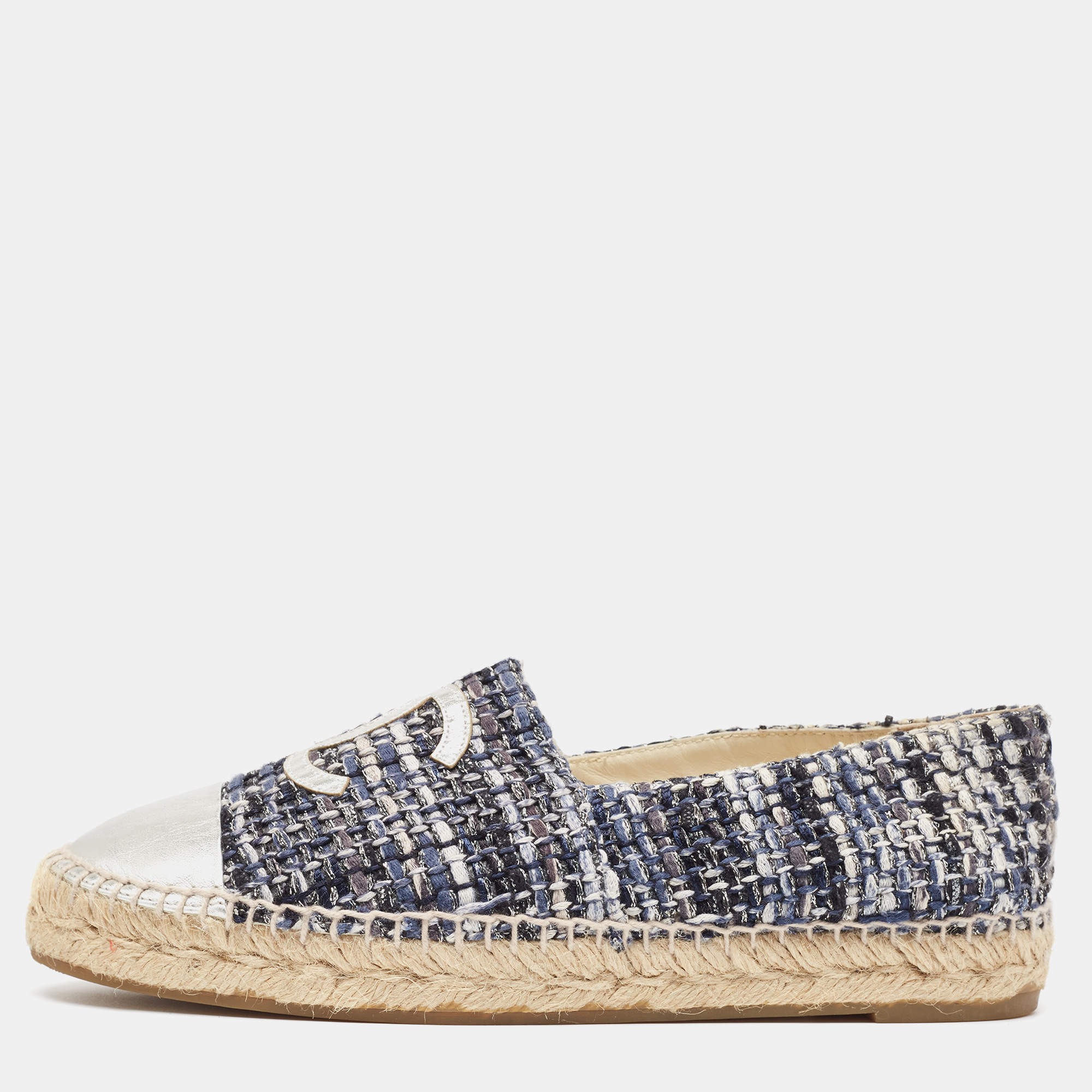 Chanel Multicolor Tweed and Leather  CC  Cap Toe Espadrille Flats Size 39