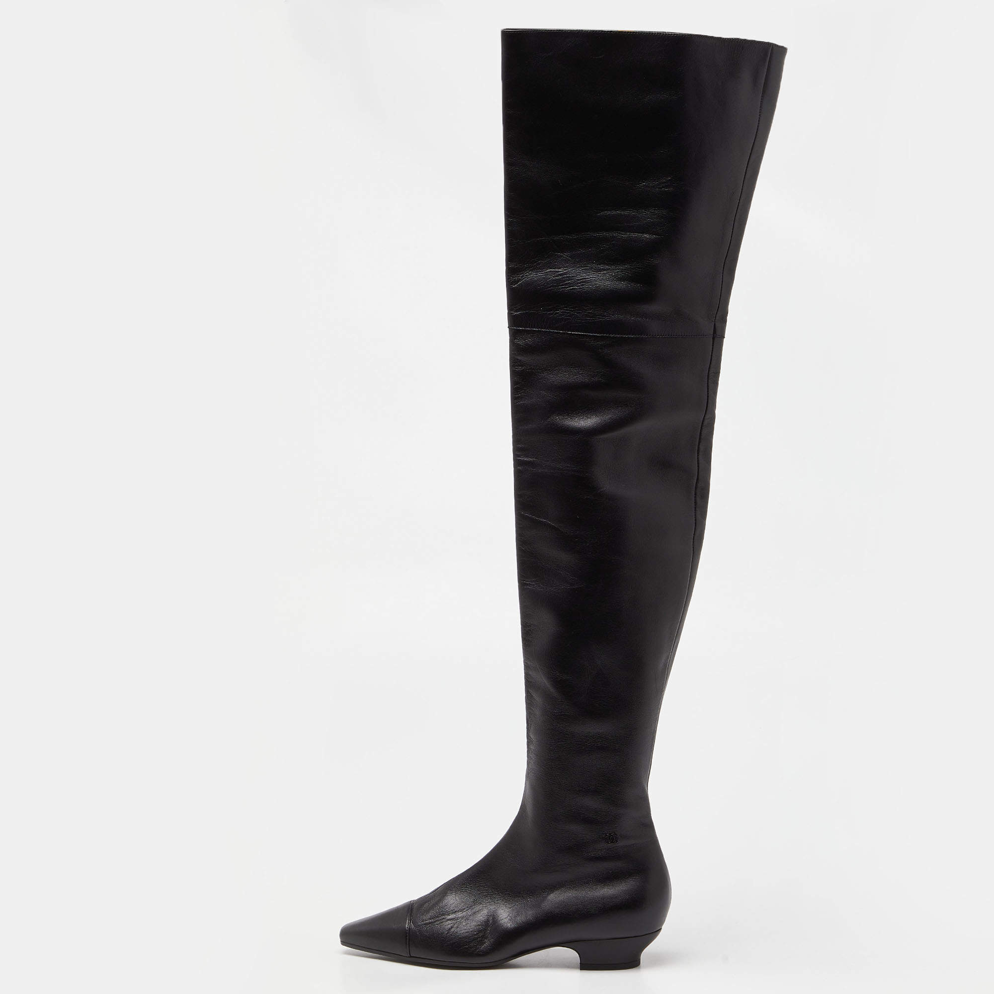 Chanel Black Leather Thigh High Boots Size 37