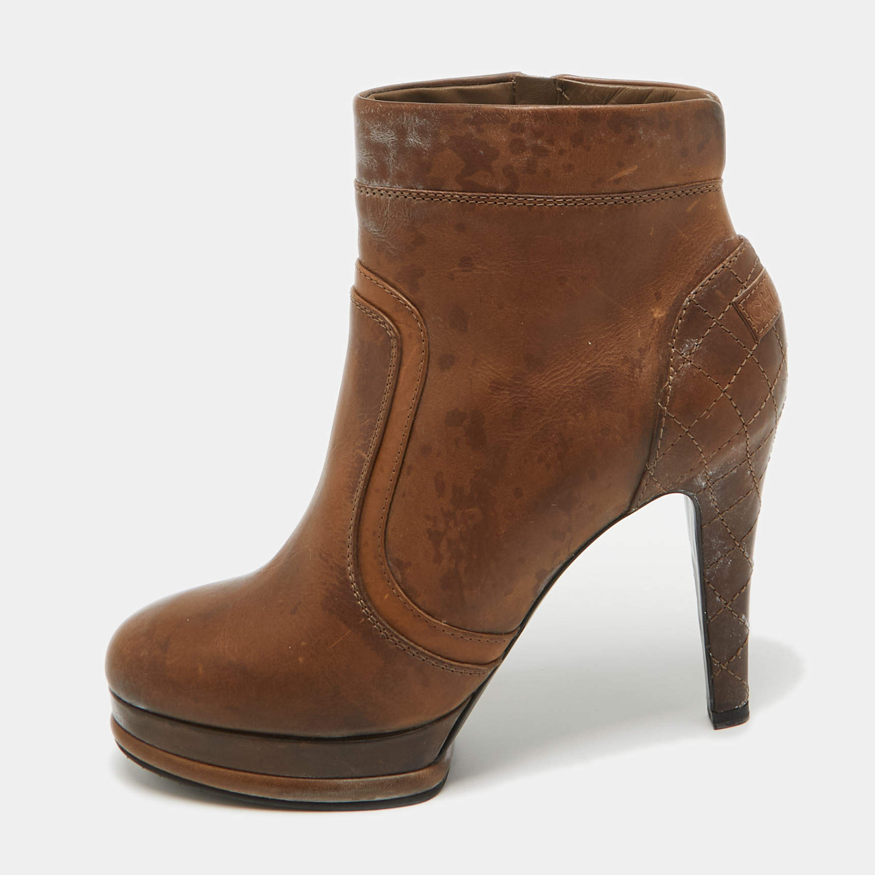 Chanel Brown Quilted Leather Zip Platform Ankle Boots Size 40 