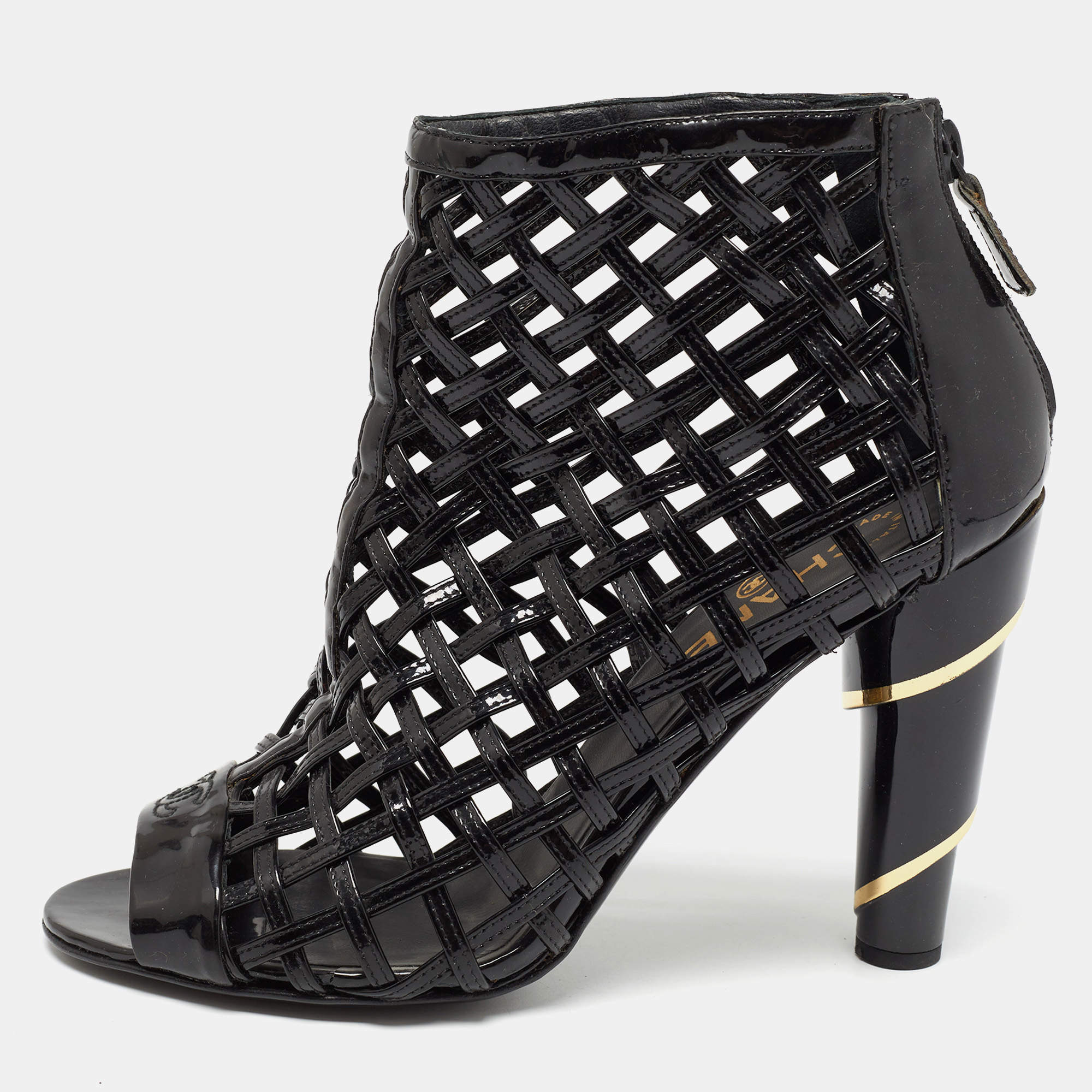 Pre Owned Chanel Black Patent Leather Open Toe Cage Ankle Boots Size 40