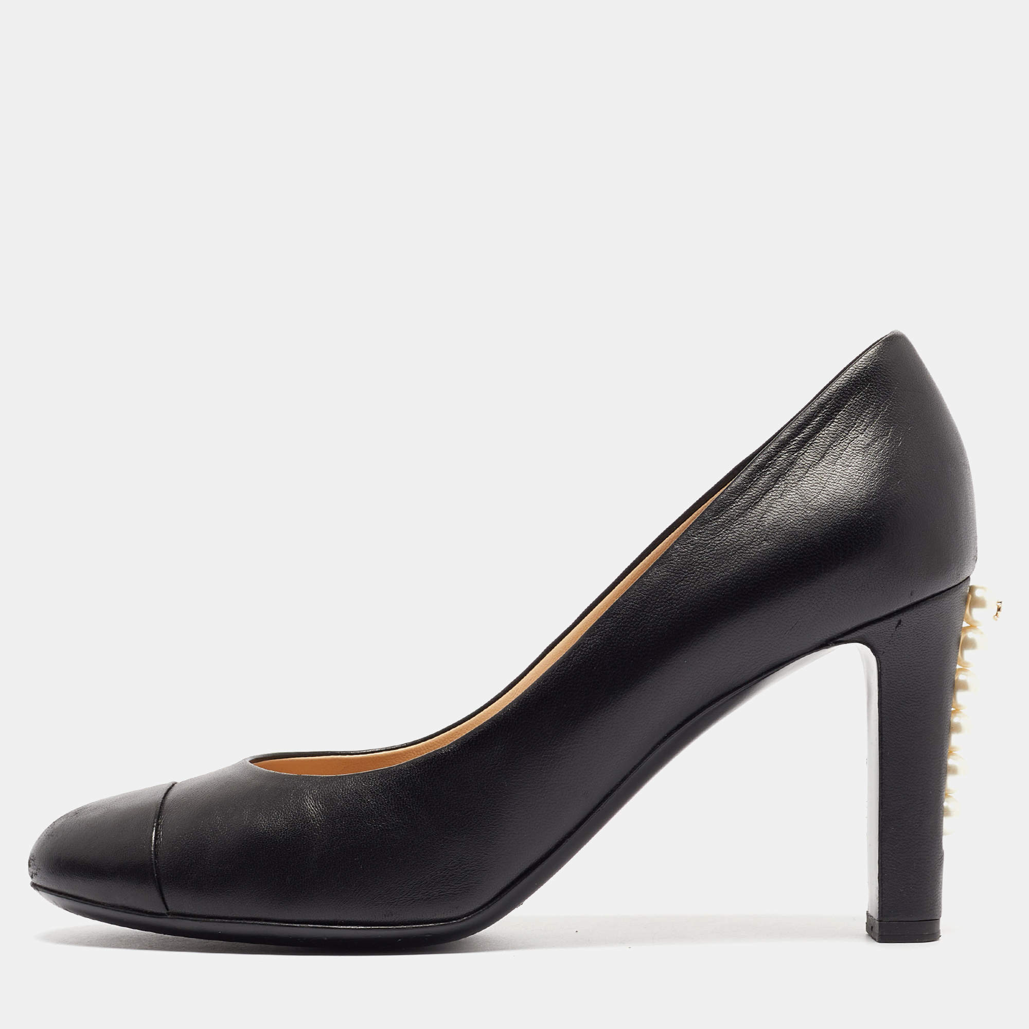 Pre Owned Chanel Black Leather Faux Pearl Embellished Heel Cap Toe Pumps Size 38.5